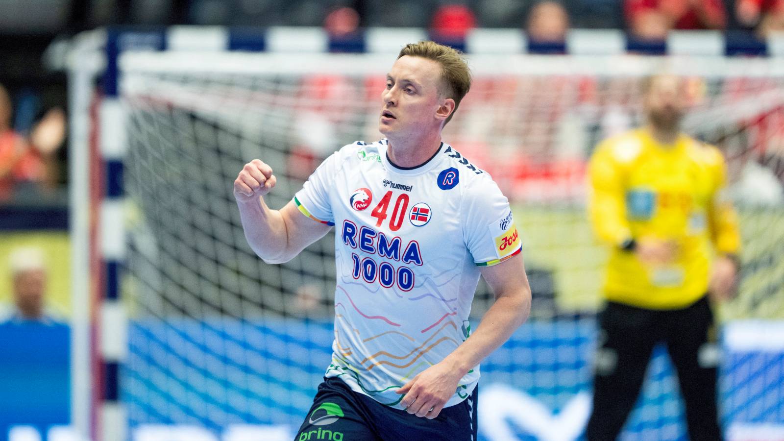 Norway's wing #40 August Pedersen celebrates during the men's EHF Euro 2026 main round handball match Spain vs Norway in Herning, Denmark, on January 22, 2026.