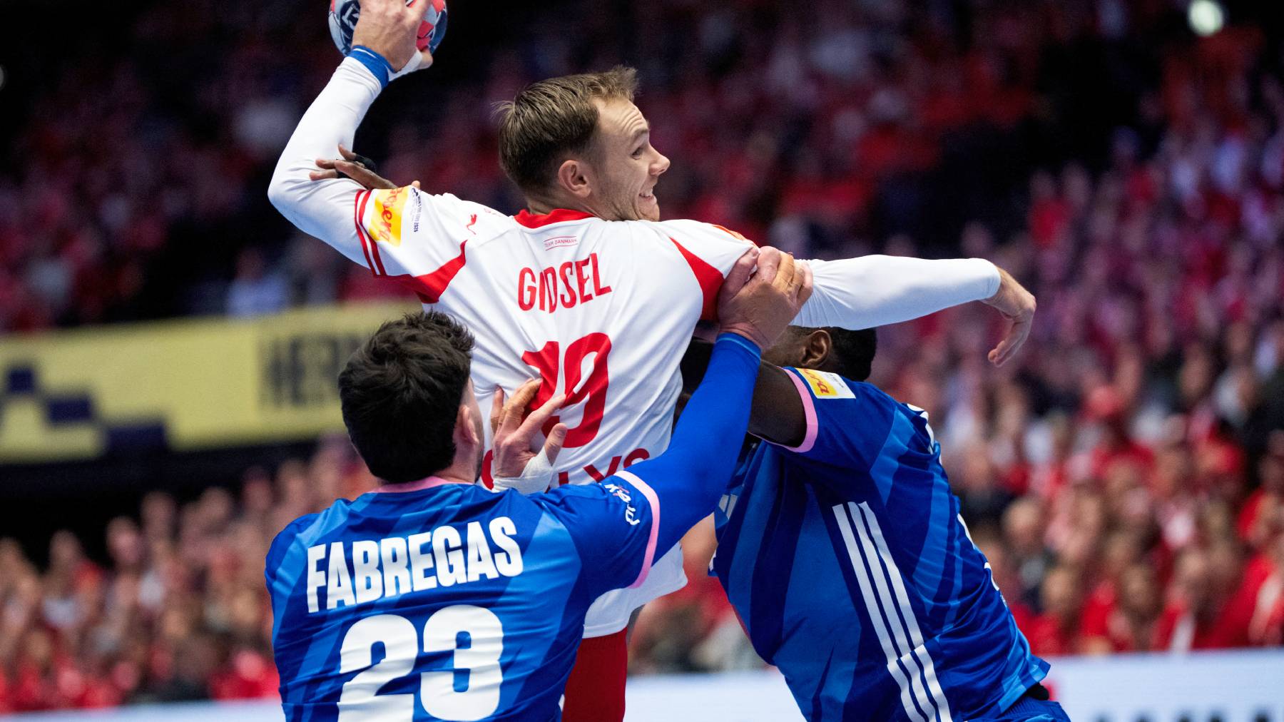 Denmark's Mathias Gidsel in action with France's Ludovic Fabregas during the men's handball match between Denmark and France in EHF Euro 2026 Group B at Jyske Bank Boxen in Herning, Thursday, January 22, 2026. (Photo: Bo Amstrup/Ritzau Scanpix)