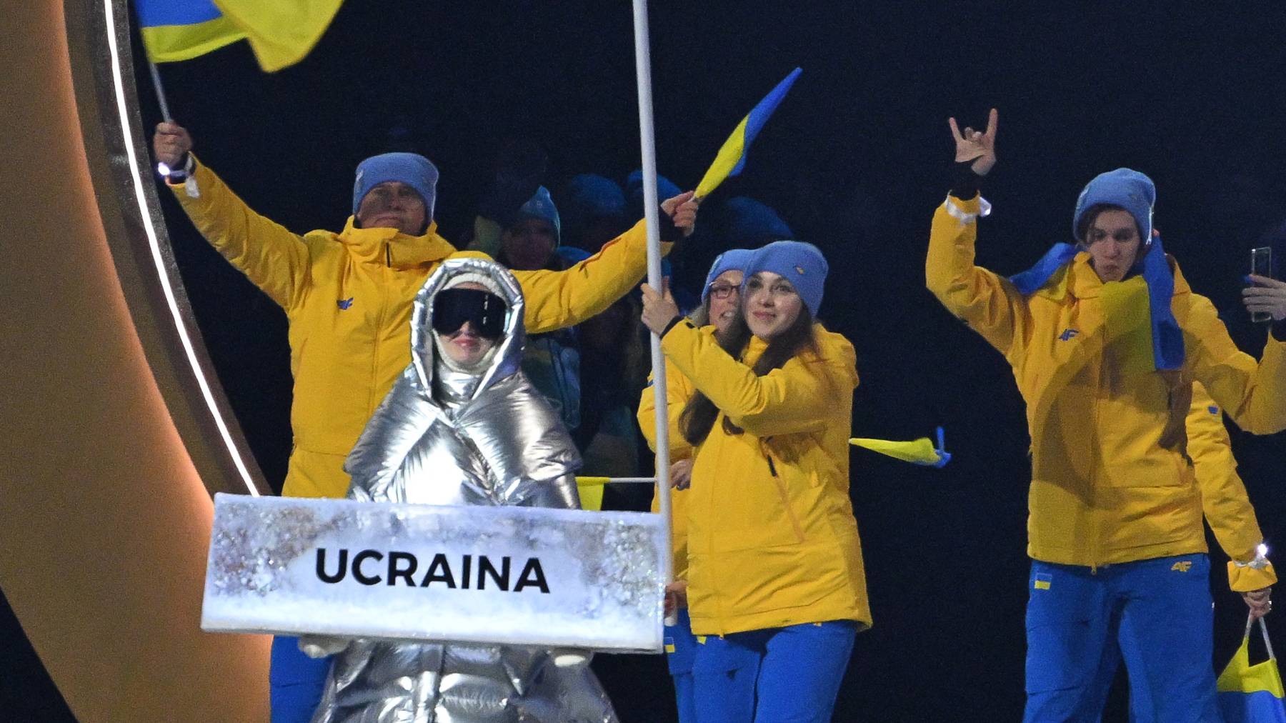 Ukraine's athletes parade during the opening ceremony of the Milano Cortina 2026 Winter Olympic Games at the Milano San Siro Olympic Stadium in Italy on February 6, 2026. The opening ceremony is hosted by multiple cities for the first time in the history of the Winter Olympic Games. ( The Yomiuri Shimbun )