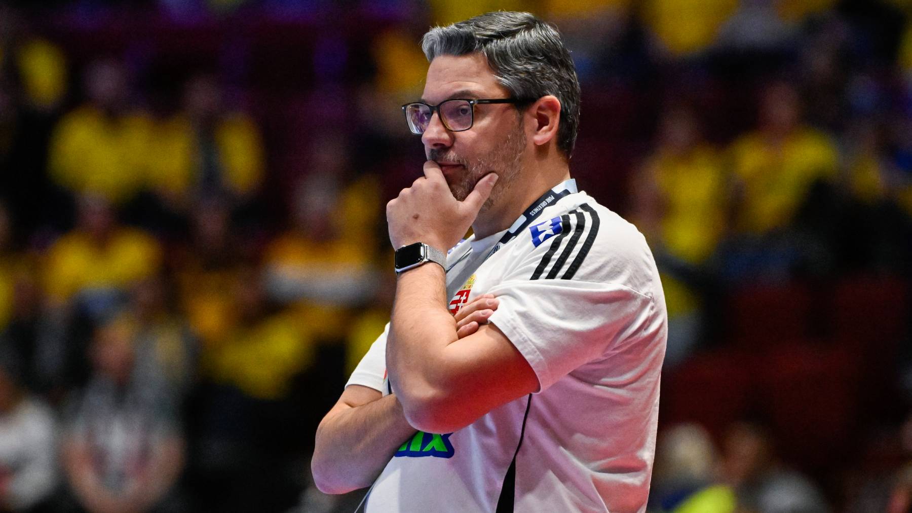 Malmö, 2026. január 28. Chema Rodríguez, a magyar válogatott szövetségi kapitánya a dán-norvég-svéd közös rendezésű férfi kézilabda-Európa-bajnokság középdöntőjének 4. fordulójában, a II. csoportban játszott Horvátország - Magyarország mérkőzésen a svédországi Malmö Arénában 2026. január 28-án. MTI/Hegedüs Róbert