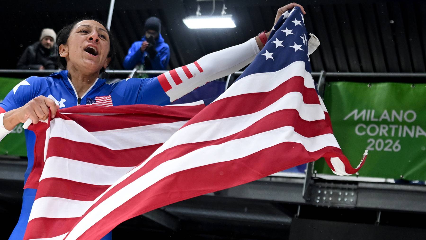 16 February 2026, Italy, Cortina D'ampezzo: Olympia, Olympic Winter Games Milan Cortina 2026, Bobsleigh, Monobob, Women, Heat 4 at Cortina Sliding Center, Elana Meyers Taylor (USA) celebrates her first place. Photo: Robert Michael/dpa (Photo by Robert Michael/picture alliance via Getty Images)