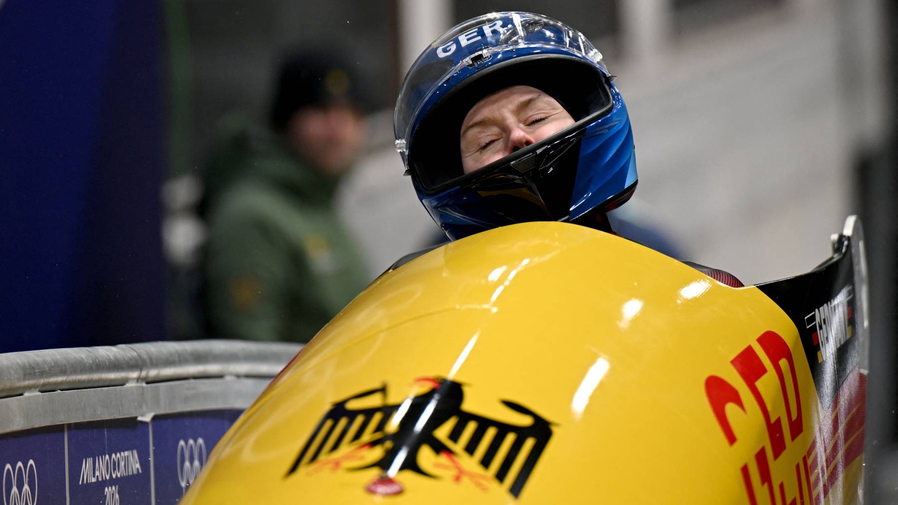 16 February 2026, Italy, Cortina D'ampezzo: Olympia, Olympic Winter Games Milan Cortina 2026, Bobsleigh, Monobob, Women, Heat 4 at Cortina Sliding Center, Laura Nolte (Germany) finishes in second place. Photo: Robert Michael/dpa