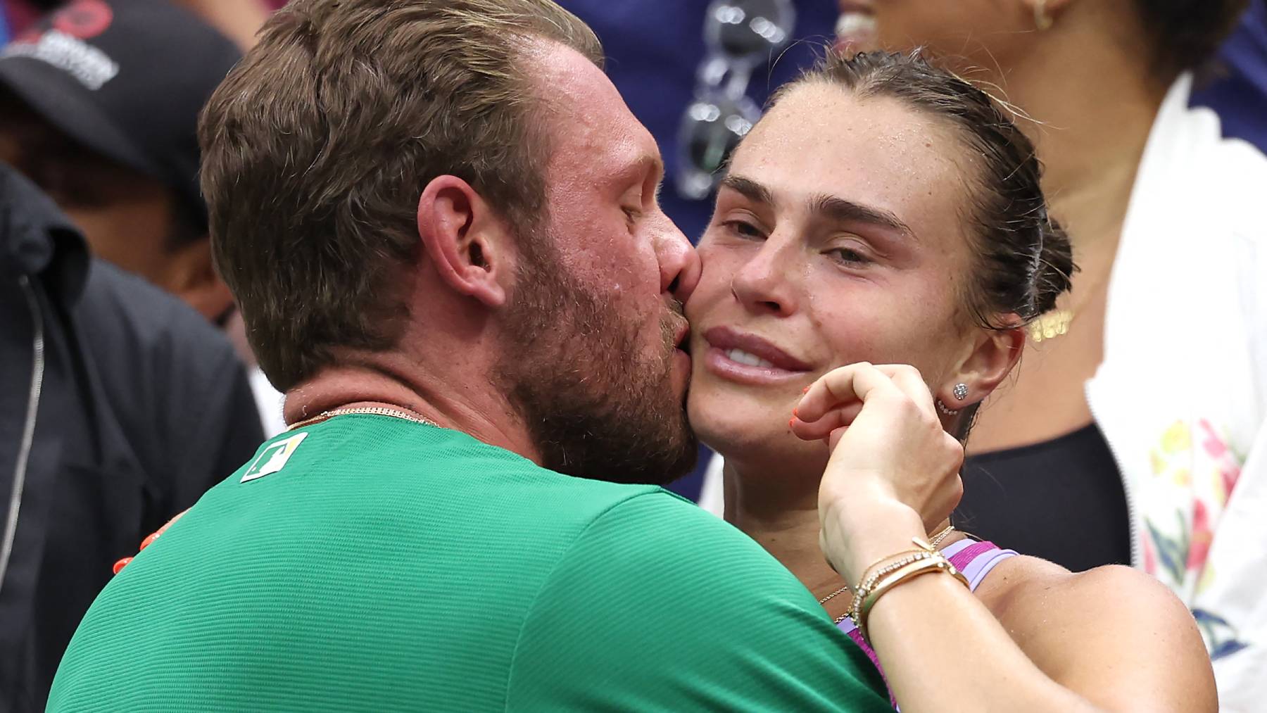 NEW YORK, NEW YORK - SEPTEMBER 07: Aryna Sabalenka of Belarus celebrates with her boyfriend Georgios Frangulis after defeating Jessica Pegula of the United States to win the Women's Singles Final on Day Thirteen of the 2024 US Open at USTA Billie Jean King National Tennis Center on September 07, 2024 in the Flushing neighborhood of the Queens borough of New York City. Al Bello/Getty Images/AFP