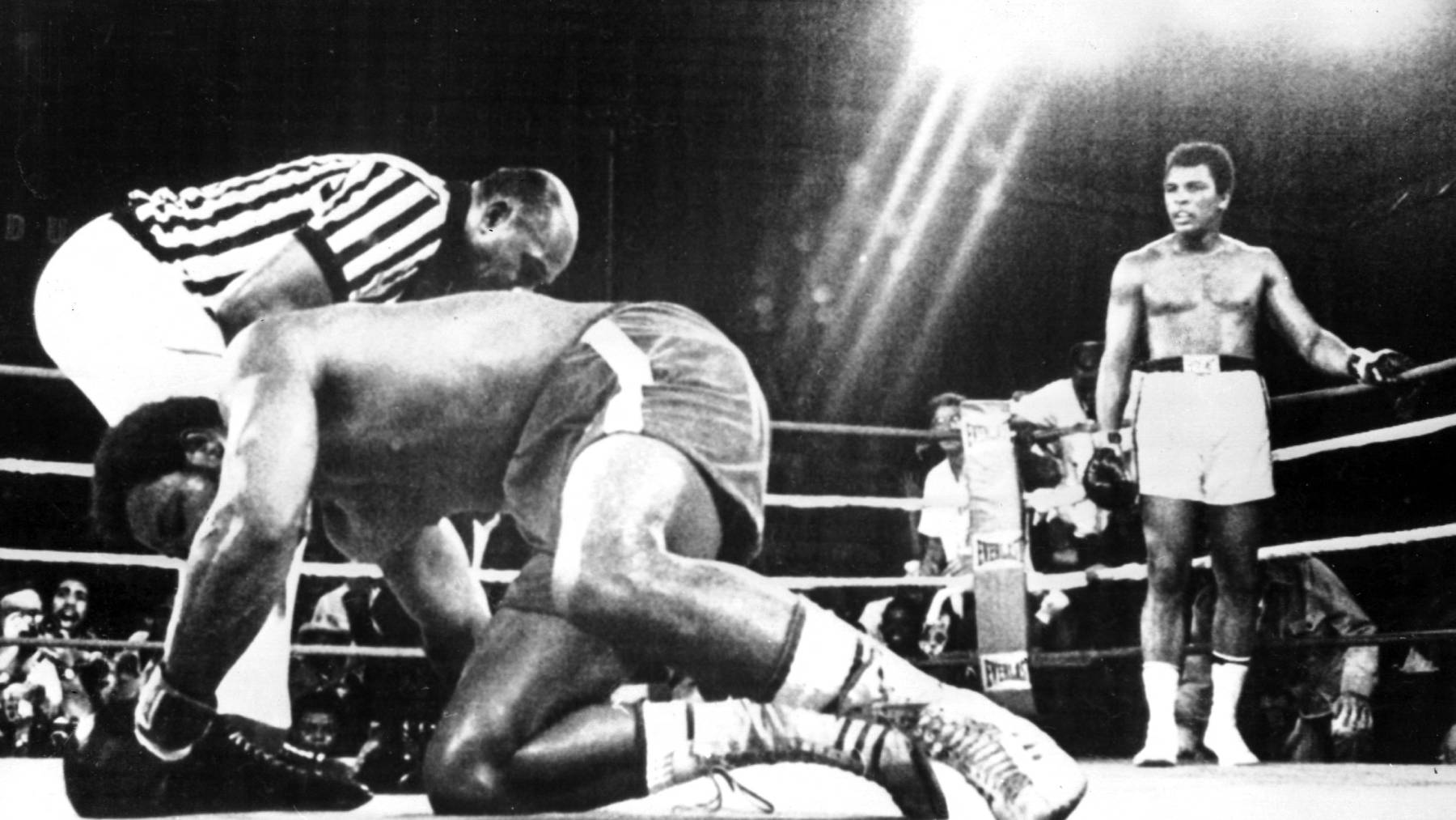FILE - A file picture dated 30 October 1974 shows US heavyweight boxer Muhammad Ali (back R) standing in a corner as his knocked-out opponent George Foreman (front L) struggles to get back on his feet as he is being given the count by the referee in the 8th round of their boxing bout in Kinshasa, Congo, 30 October 1974. Born Cassius Clay, boxing legend Muhammad Ali, dubbed 'The Greatest,' died on 03 June 2016 in Phoenix, Arizona, USA, at the age of 74, a family spokesman said. Photo: dpa