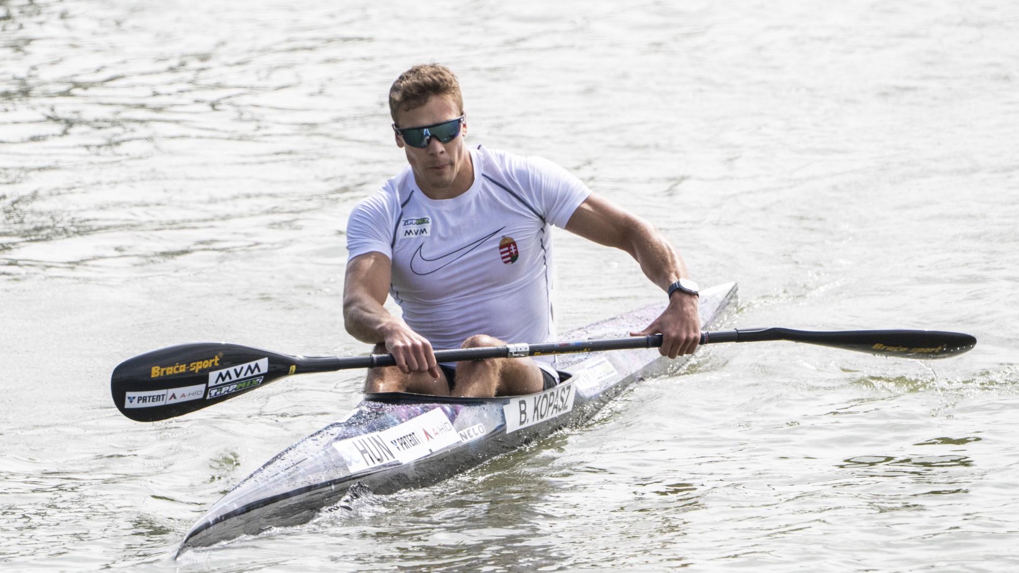 Kopasz Bálint a kajak-kenu Európa-bajnokság férfi kajak egyes 1000 méteres előfutamában a csehországi Racicében 2025. június 19-én.