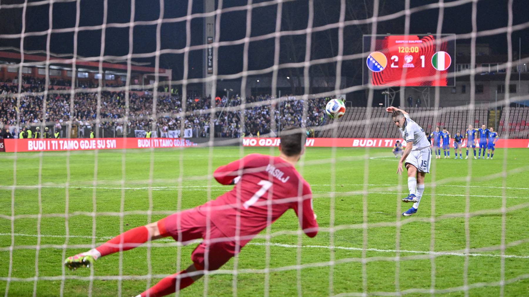 Italy's forward #15 Pio Esposito kicks the ball during the penalty shoot-out during the FIFA World Cup 2026 European qualification final football match between Bosnia-Herzegovina and Italy at the Bilino-Polje stadium in Zenica on March 31, 2026.