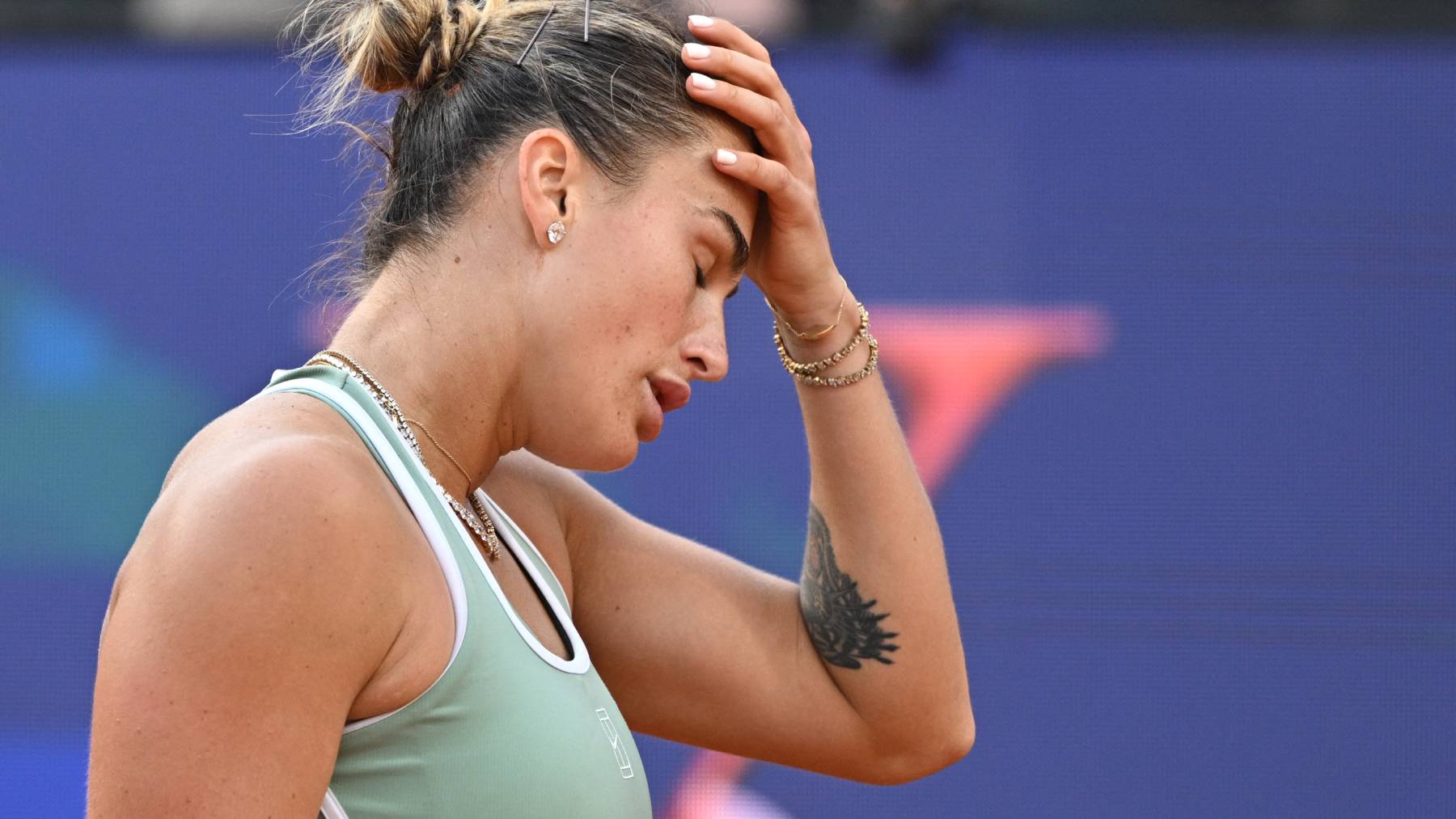 Belarus' Aryna Sabalenka reacts during her match against Romania's Sorana Cirstea during the WTA Rome Open tennis tournament at Foro Italico in Rome on May 9, 2026.