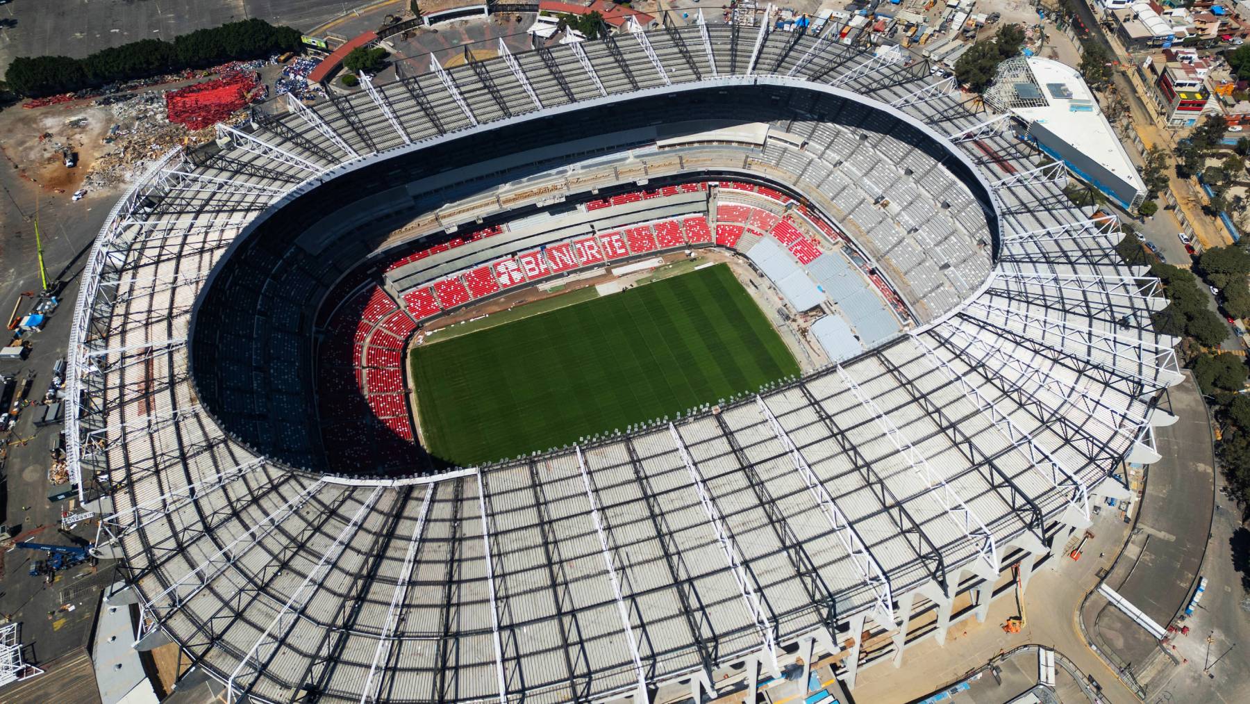 MEXICO CITY, MEXICO - FEBRUARY 13: An aerial view shows the new hybrid pitch and newly installed seats at Azteca Stadium, recently renamed Banorte Stadium, during renovation works ahead of the FIFA World Cup 2026, in Mexico City, Mexico on February 13, 2026. Renovation works continue inside and around the stadium, which will host the opening match of the tournament, marking the third time the venue will stage a World Cup opener, less than four months before it kicks off with Mexico facing South Africa. Daniel Cardenas / Anadolu