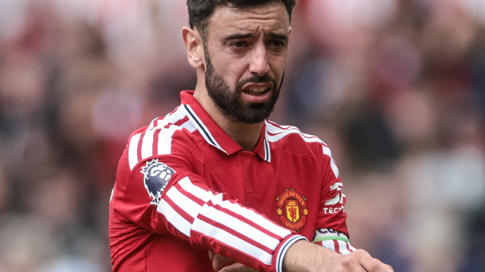 Bruno Fernandes of Manchester United during the Premier League match between Manchester United and Nottingham Forest at Old Trafford, Manchester, United Kingdom, on May 17, 2026. (Photo by Mark Cosgrove/News Images/NurPhoto)