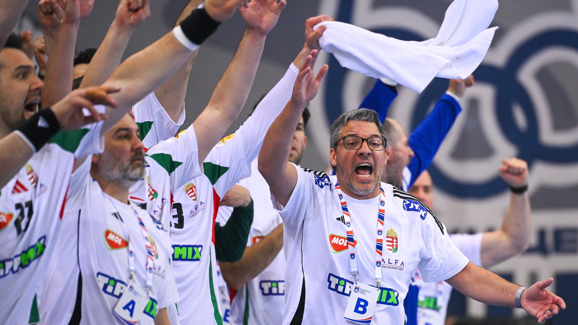Chema Rodríguez, a magyar válogatott szövetségi kapitánya (j) a férfi kézilabda világbajnoki selejtezőben játszott Szerbia - Magyarország első mérkőzésen.