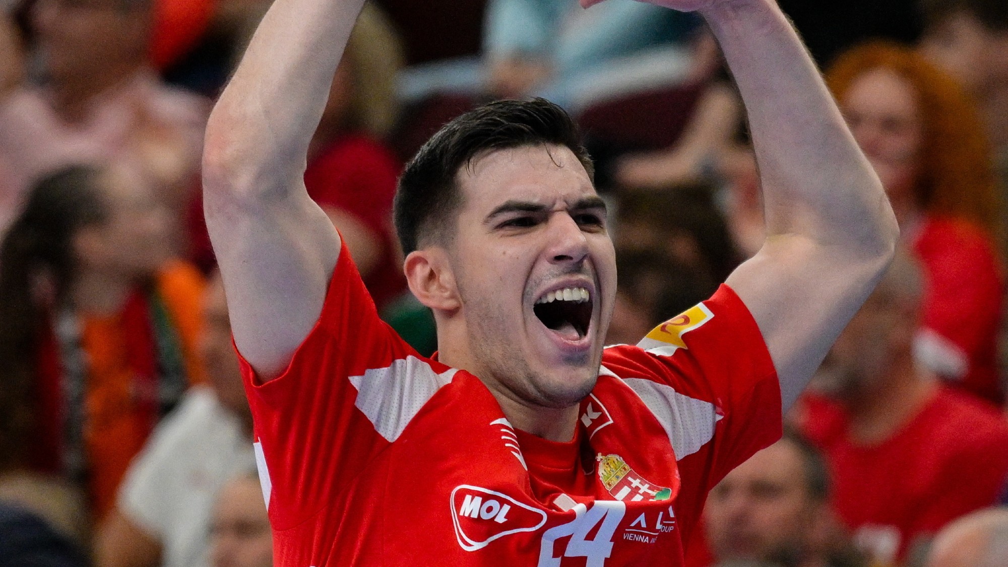 Fazekas Gergő a férfi kézilabda világbajnoki selejtezőben játszott Magyarország - Szerbia visszavágó mérkőzésen a One Veszprém Arénában 2026. május 17-én.