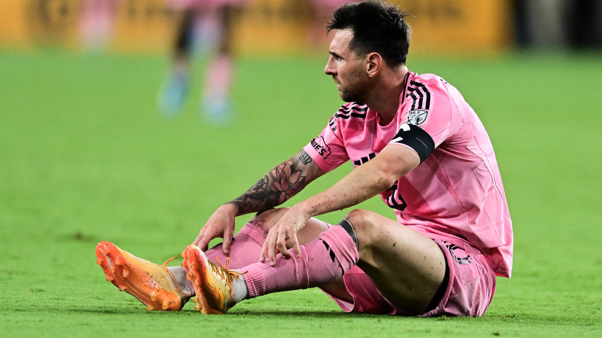 Inter Miami's Argentine forward #10 Lionel Messi sits on the ground during a Major League Soccer (MLS) regular season football match between Inter Miami CF and Orlando City SC at NU Stadium in Miami, on May 2, 2026.