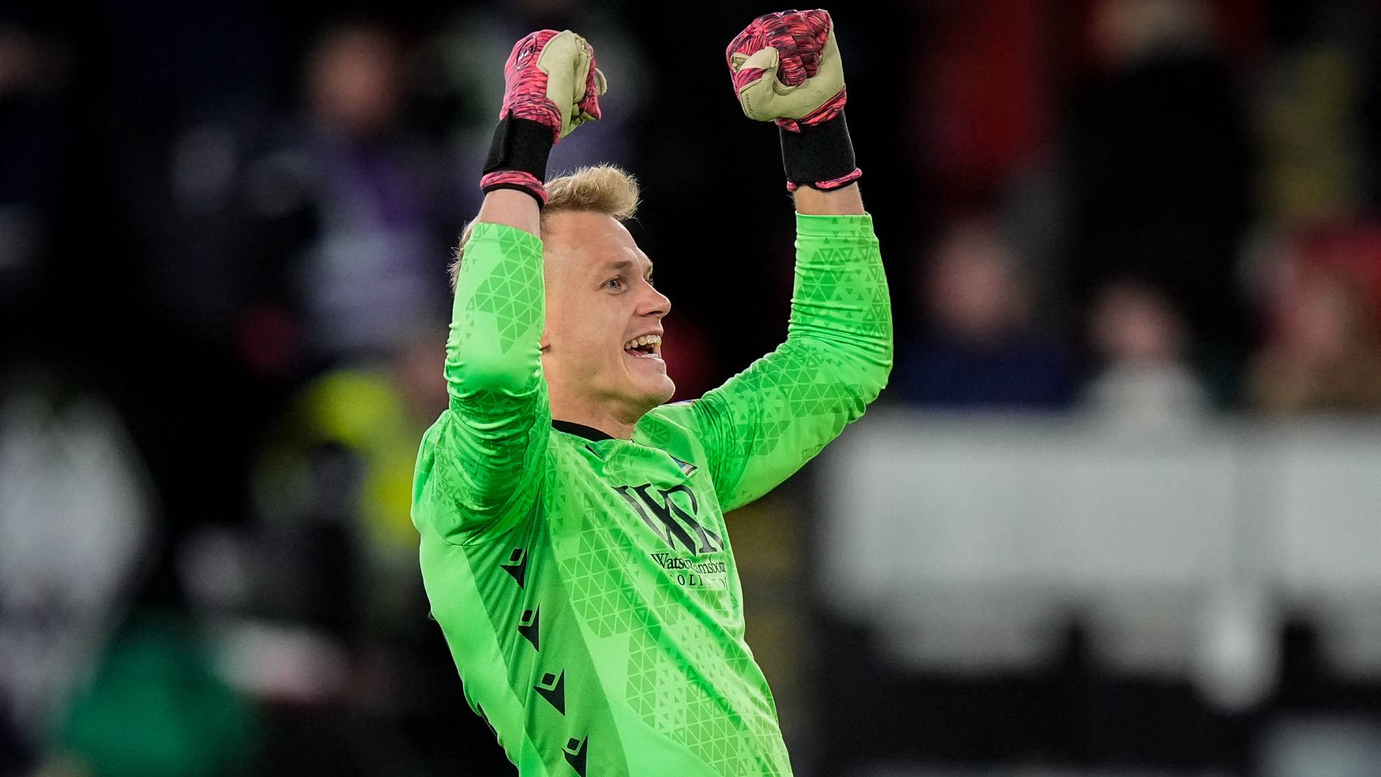 Blackburn Rovers goalkeeper Balazs Toth celebrates as Yuki Ohashi of Blackburn Rovers scores to make it 0-3 during the Sky Bet Championship match between Sheffield United and Blackburn Rovers at Bramall Lane in Sheffield, United Kingdom, on April 22, 2026. (Photo by Maynard Manyowa/News Images/NurPhoto)