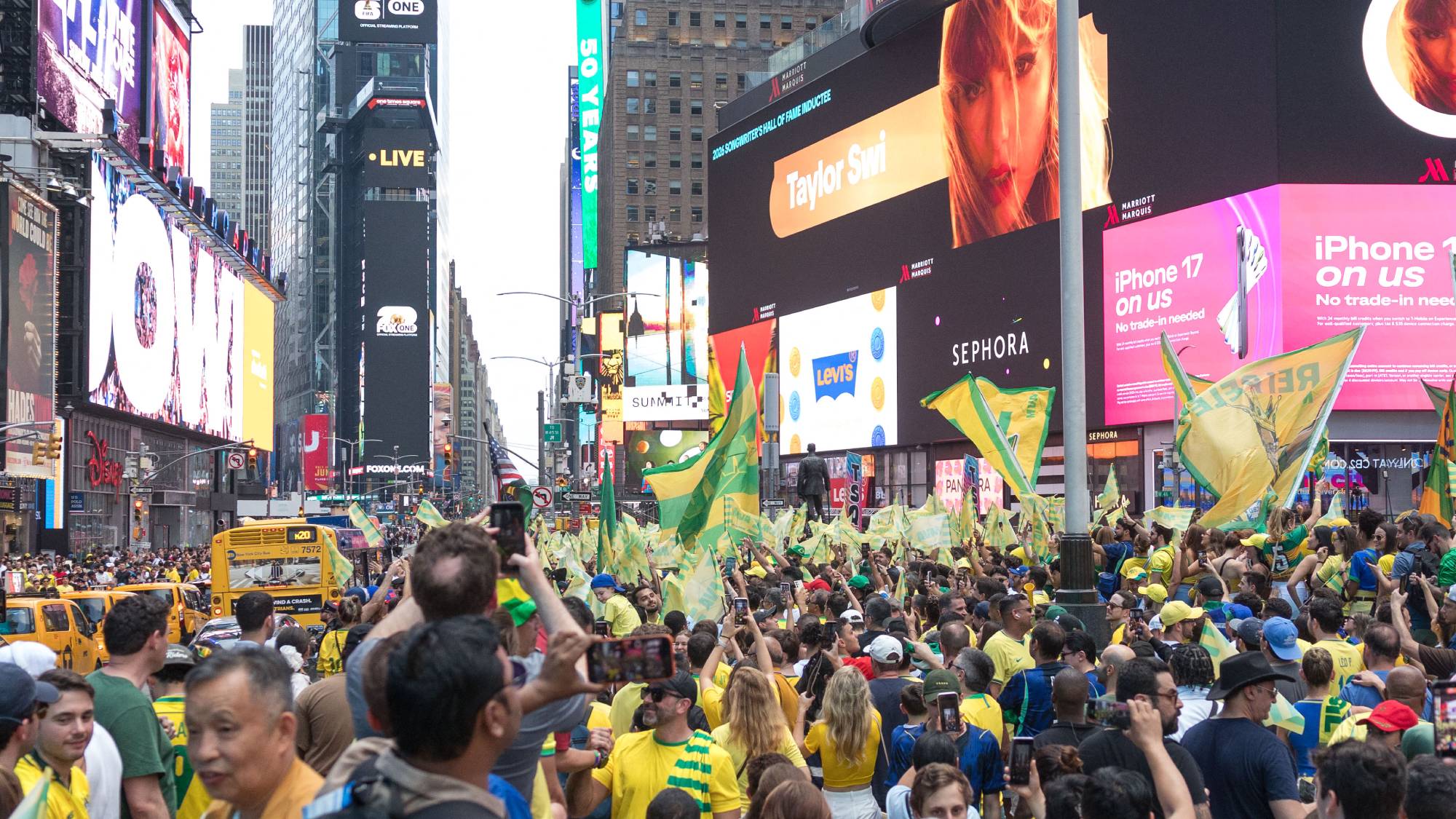 Brazilian fans gather in Times Square, New York City, to support the Brazil national team on the eve of its opening match of the 2026 FIFA World Cup in the United States, on Friday, June 12, 2026