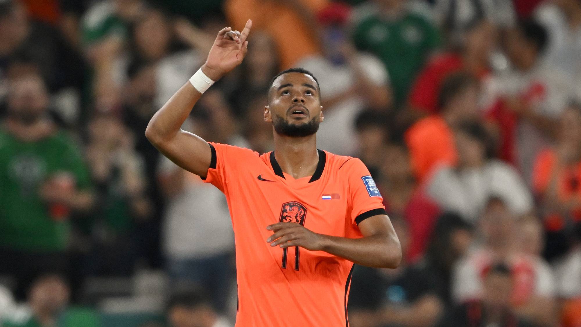 Netherlands' forward #11 Cody Gakpo celebrates scoring his team's first goal during the 2026 World Cup round of 32 football match between the Netherlands and Morocco at the Monterrey Stadium in Guadalupe on June 29, 2026.