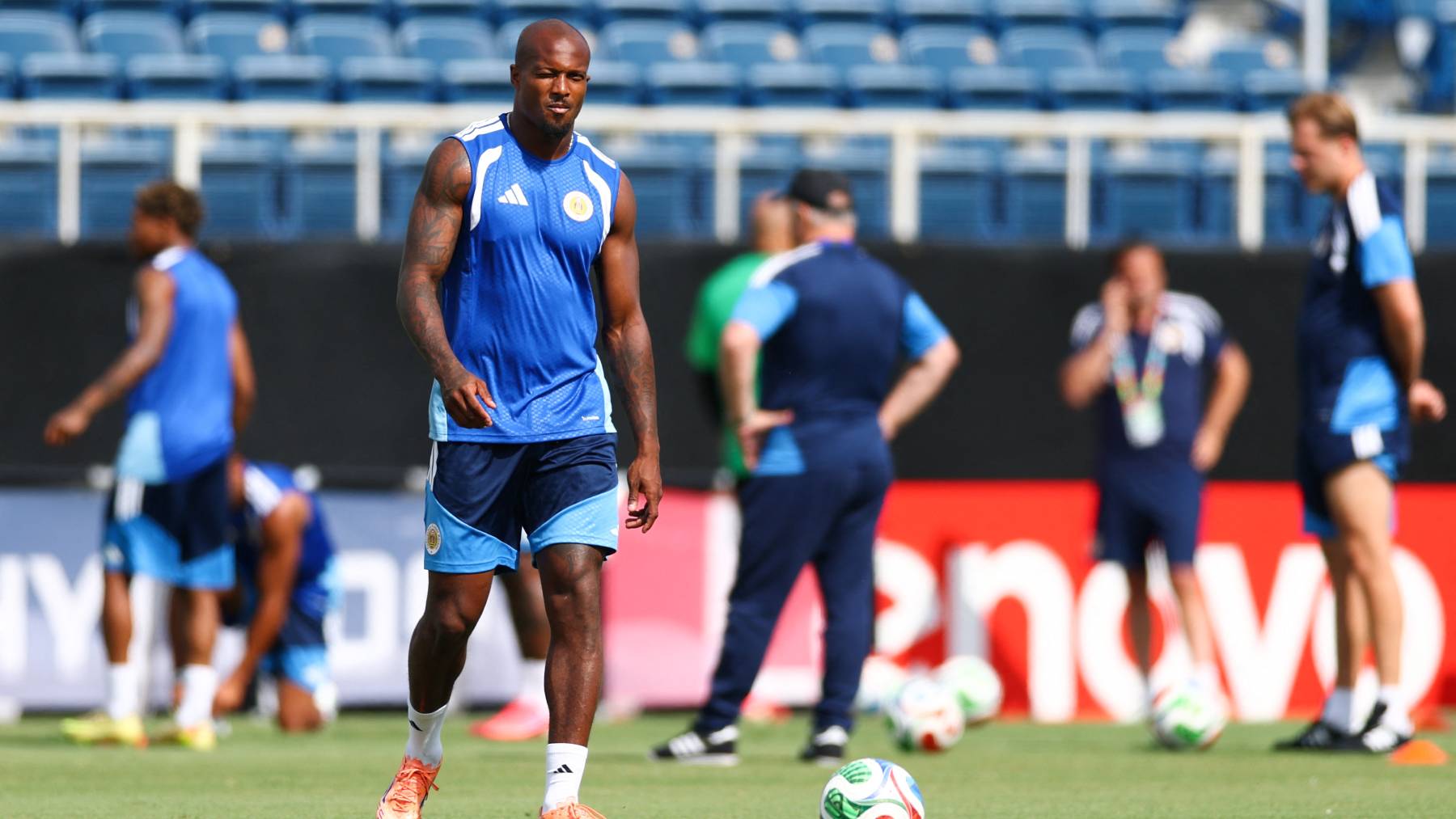 BOCA RATON, FLORIDA - JUNE 13: Gervane Kastaneer #19 of Curaçao looks on during the training of Curacao one day ahead of the FIFA World Cup 2026 Group E match against Germany at Flagler Credit Union Stadium on June 13, 2026 in Boca Raton, Florida. Megan Briggs/Getty Images/AFP