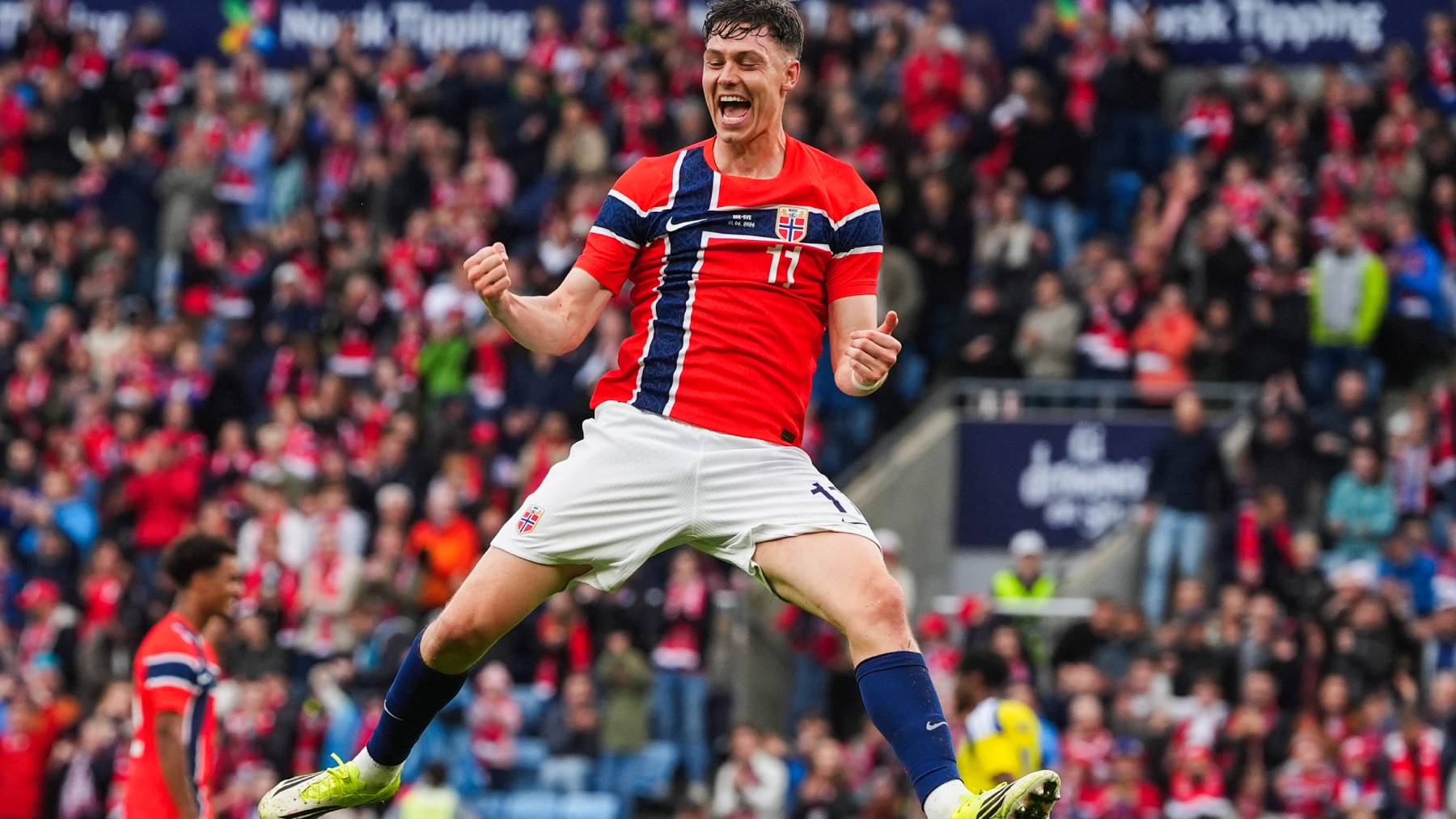 Norway's forward #11 Jorgen Strand Larsen celebrates scoring the 3-0 goal with his teammates during the friendly match between Norway and Sweden at Ullevaal Stadium, on June 1, 2026 ahead of the 2026 FIFA World Cup football tournament.
