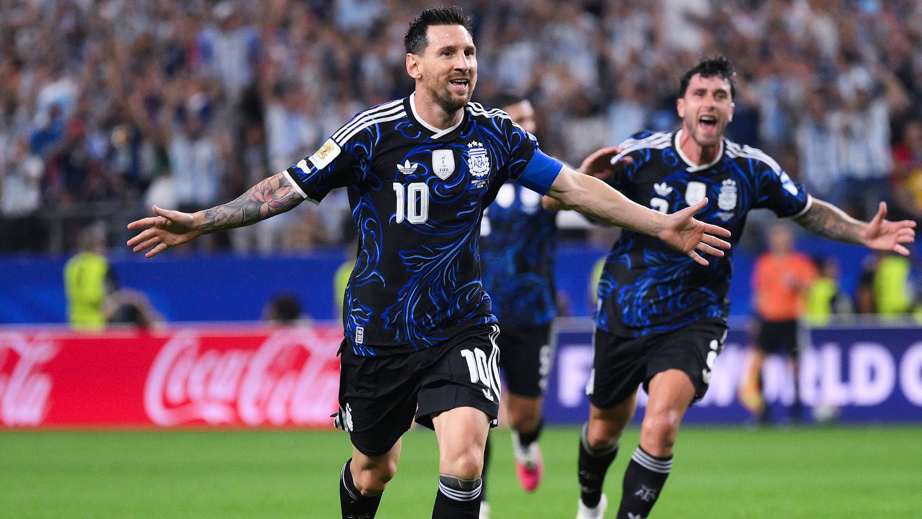 ARLINGTON, TEXAS - JUNE 27: Lionel Messi #10 of Argentina celebrates scoring his team's third goal during the FIFA World Cup 2026 Group J match between Jordan and Argentina at Dallas Stadium on June 27, 2026 in Arlington, Texas. David Ramos/Getty Images/AFP