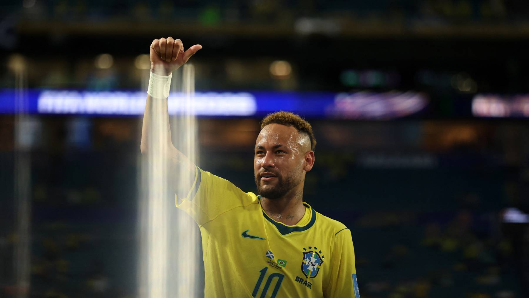 Brazil's forward #10 Neymar celebrates after winning the 2026 World Cup Group C football match between Scotland and Brazil at the Miami Stadium in Miami Gardens on June 24, 2026.