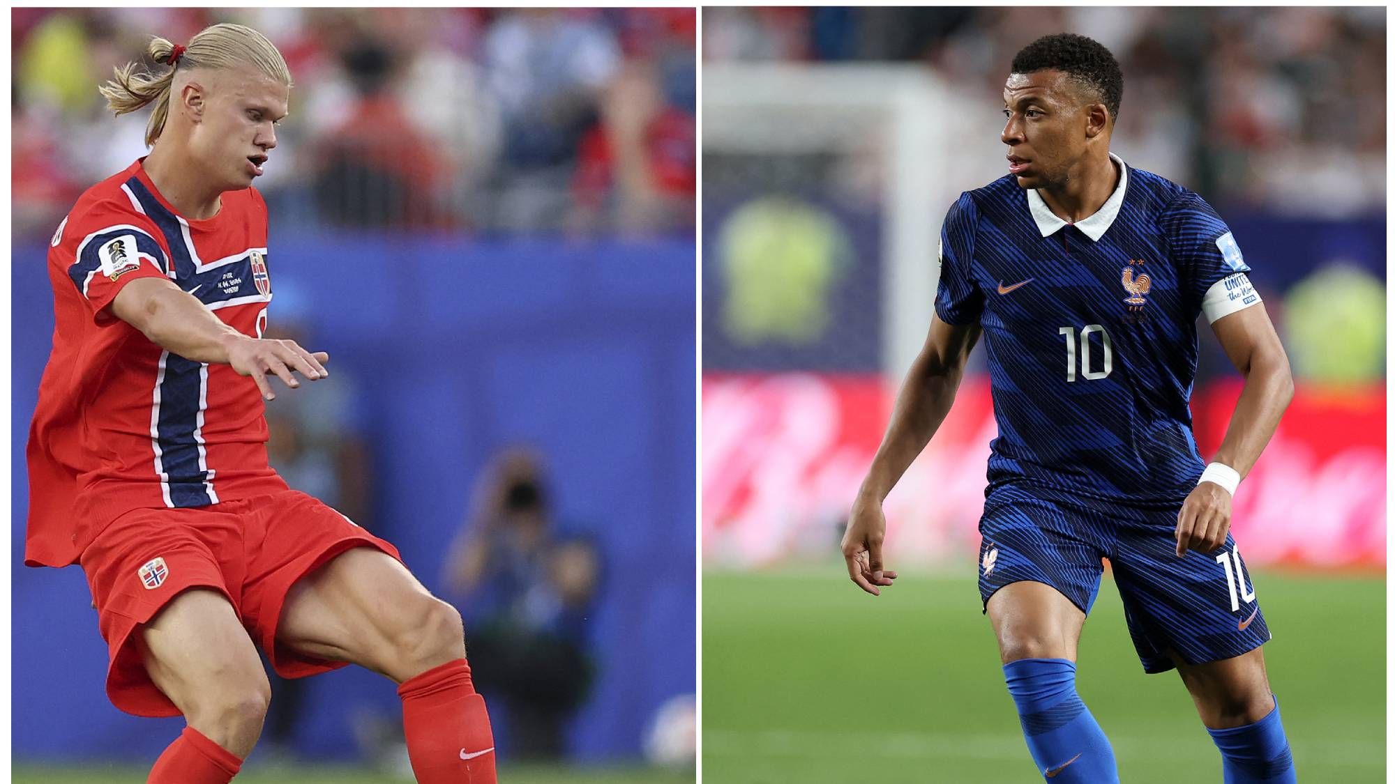 This combination of file pictures created on June 24, 2026 shows Norway's forward Erling Haaland (L) in Foxborough, Massachusetts on June 16, 2026 and France's forward Kylian Mbappe (R) in Philadelphia on June 22, 2026. Norway and France will meet in their final Group I match in Boston on June 26, 2026.