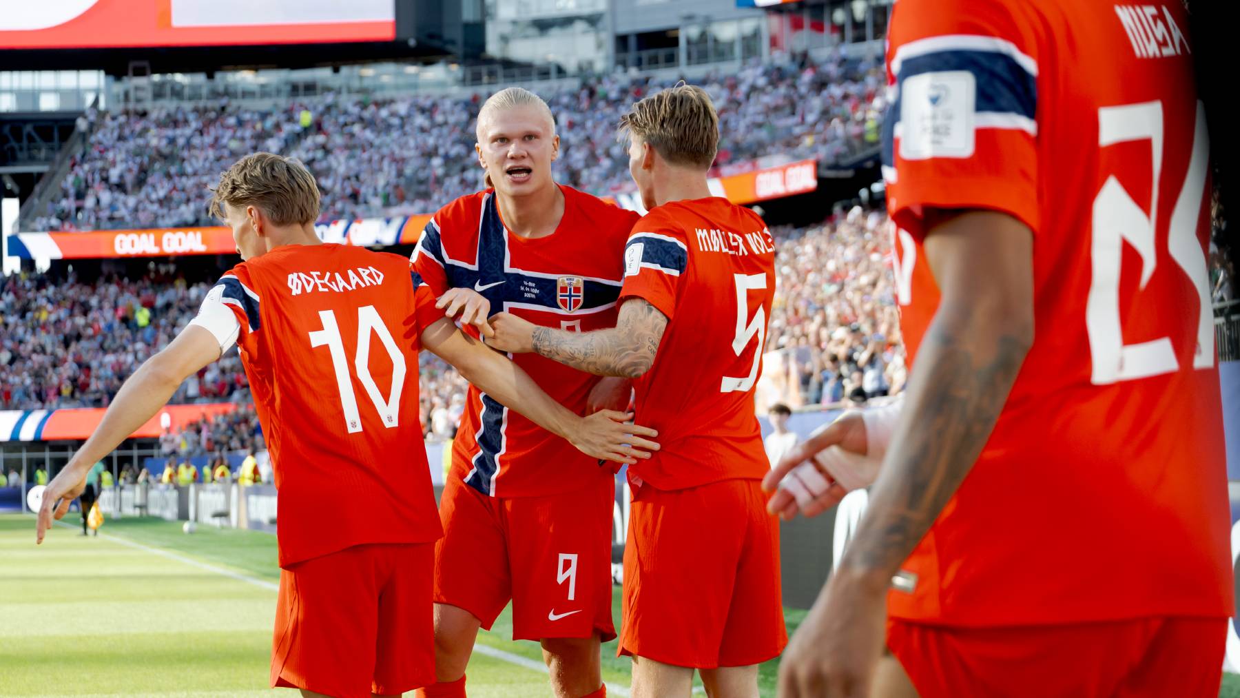 FOXBOROUGH, UNITED STATES - JUNE 16: Erling Haaland of Norway celebrates 0-1 with Martin Odegaard of Norway, David Moller Wolfe of Norway during the World Cup match between Iraq v Norway at the Boston Stadium on June 16, 2026 in Foxborough United States (Photo by Jussi Eskola/Soccrates/Getty Images)