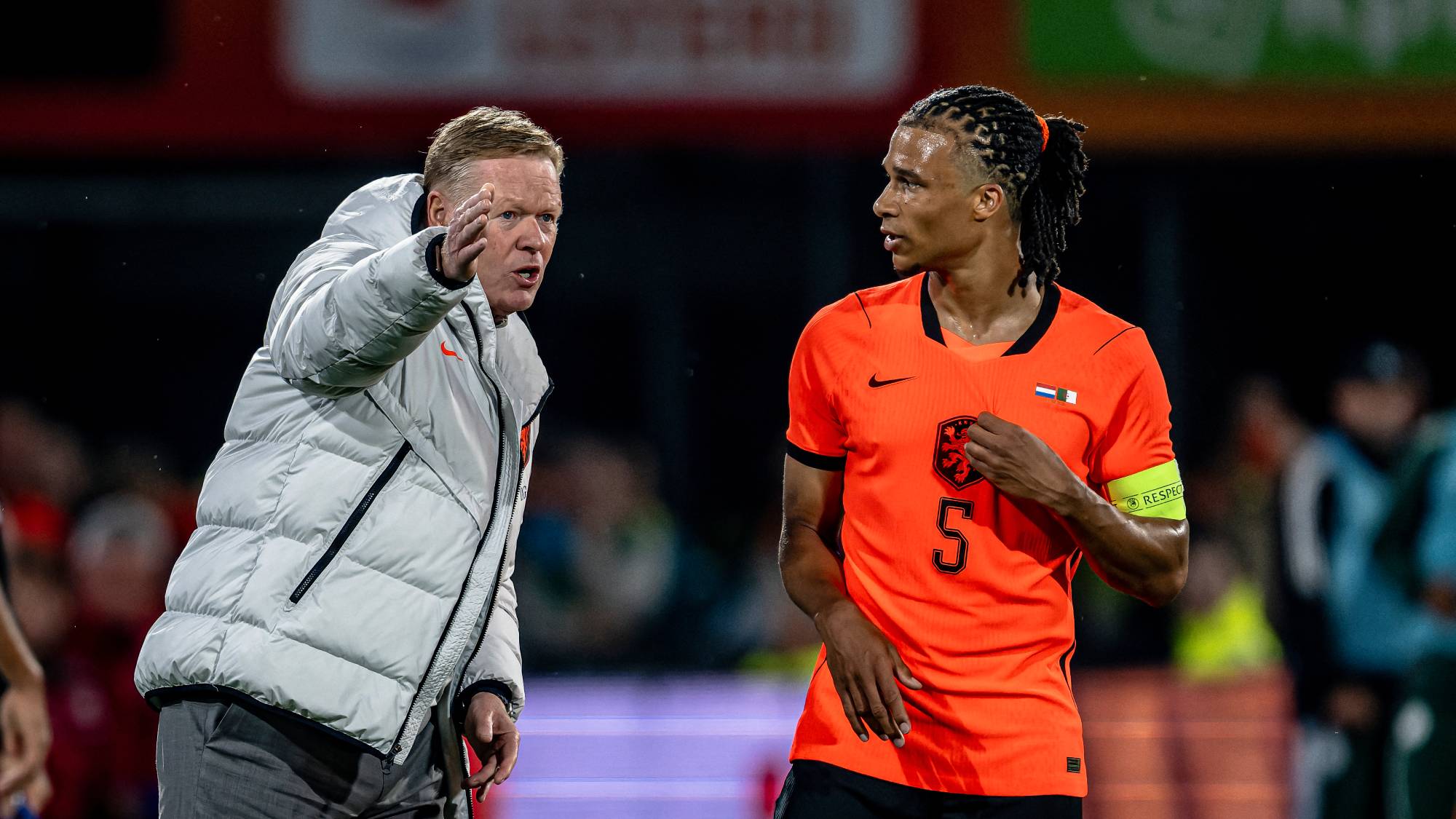 Ronald Koeman, coach of the Netherlands national team, and Nathan Ake of the Netherlands during the 2026 World Cup friendly match between the Netherlands and Algeria at Stadium De Kuip in Rotterdam, the Netherlands, on June 3, 2026. (Photo by Stefan Koops/EYE4IMAGES/NurPhoto)