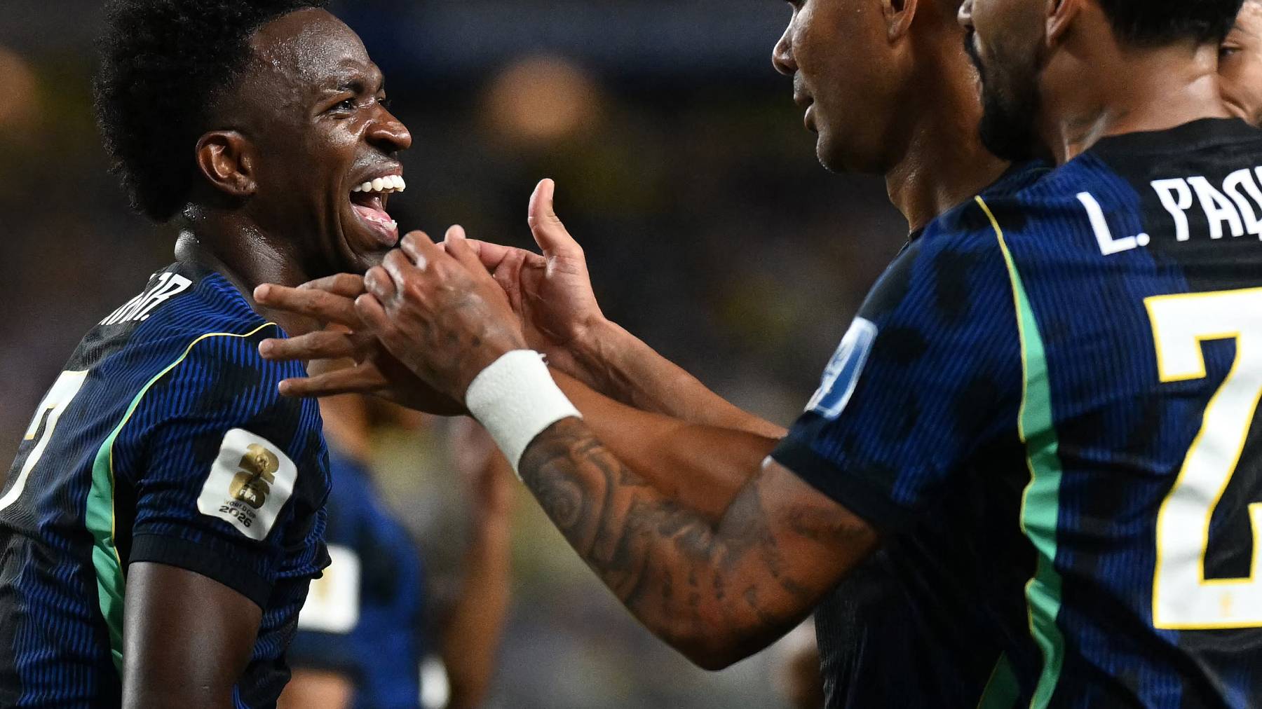Brazil's forward #07 Vinicius Junior celebrates scoring his team's third goal during the 2026 World Cup Group C football match between Brazil and Haiti at the Philadelphia Stadium in Philadelphia on June 19, 2026.