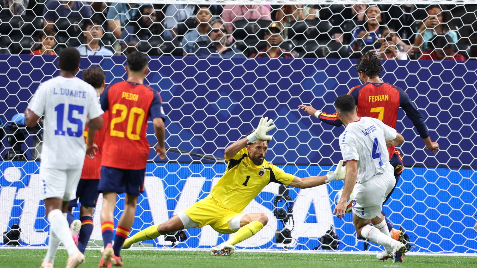 Vozinha of Cape Verde denies Ferran Torres of Spain during the FIFA World Cup Group H match between Spain and Cape Verde at the Mercedes-Benz Stadium in Atlanta, United States, on June 15, 2026. (Photo by MI News/NurPhoto)