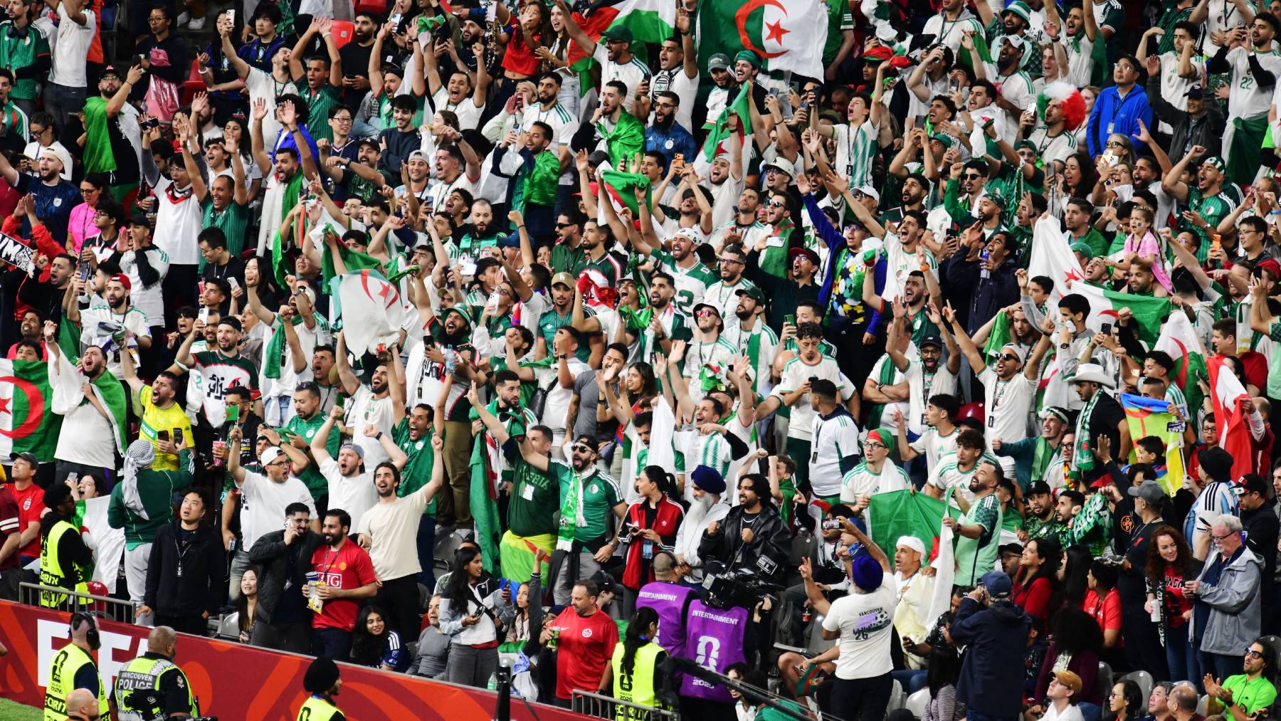 Algeria’s fans cheer on their team during the 2026 World Cup round of 32 football match between Switzerland and Algeria at the BC Place Vancouver Stadium in Vancouver on July 2, 2026.