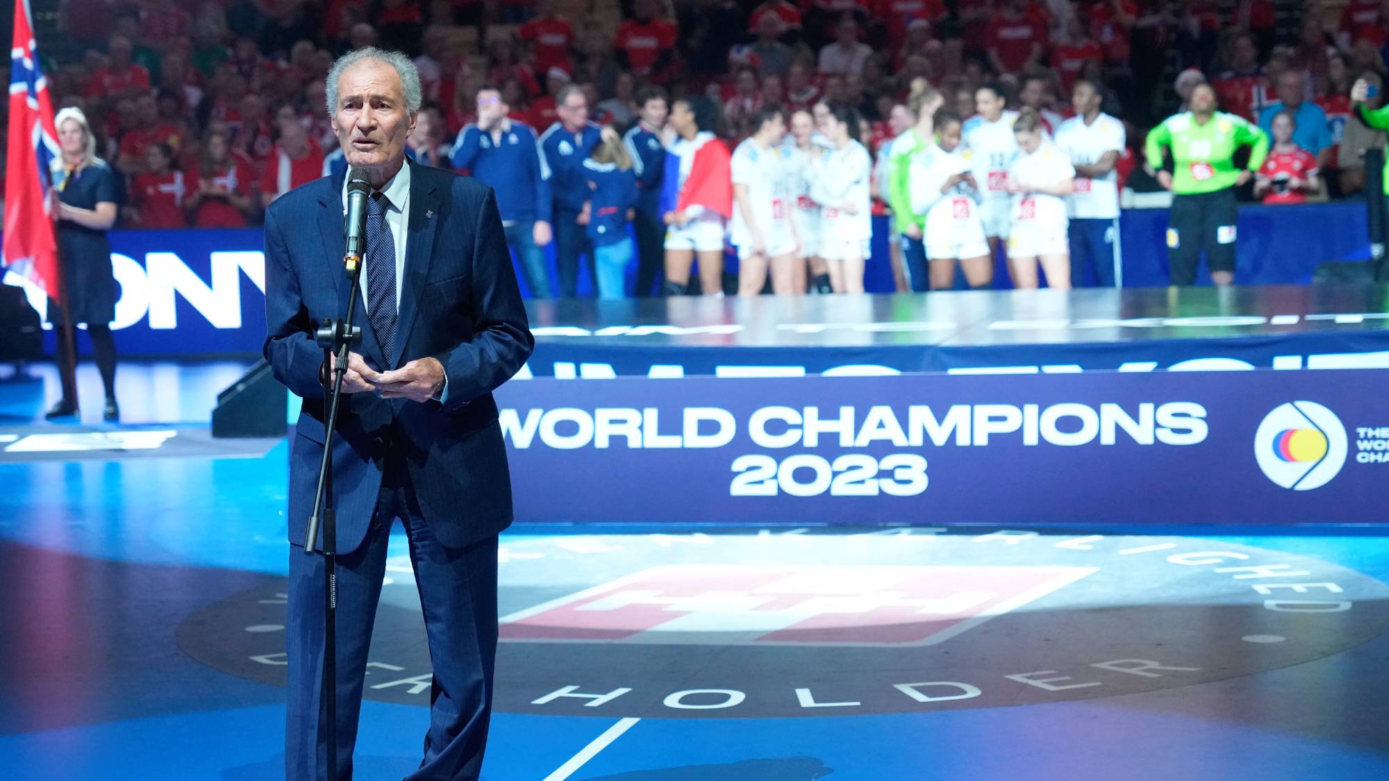 President of the International Handball Federation (IHF) Hassan Moustafa speaks during the medal ceremony of the IHF World Women's Handball Championship in Herning, Denmark on December 17, 2023.