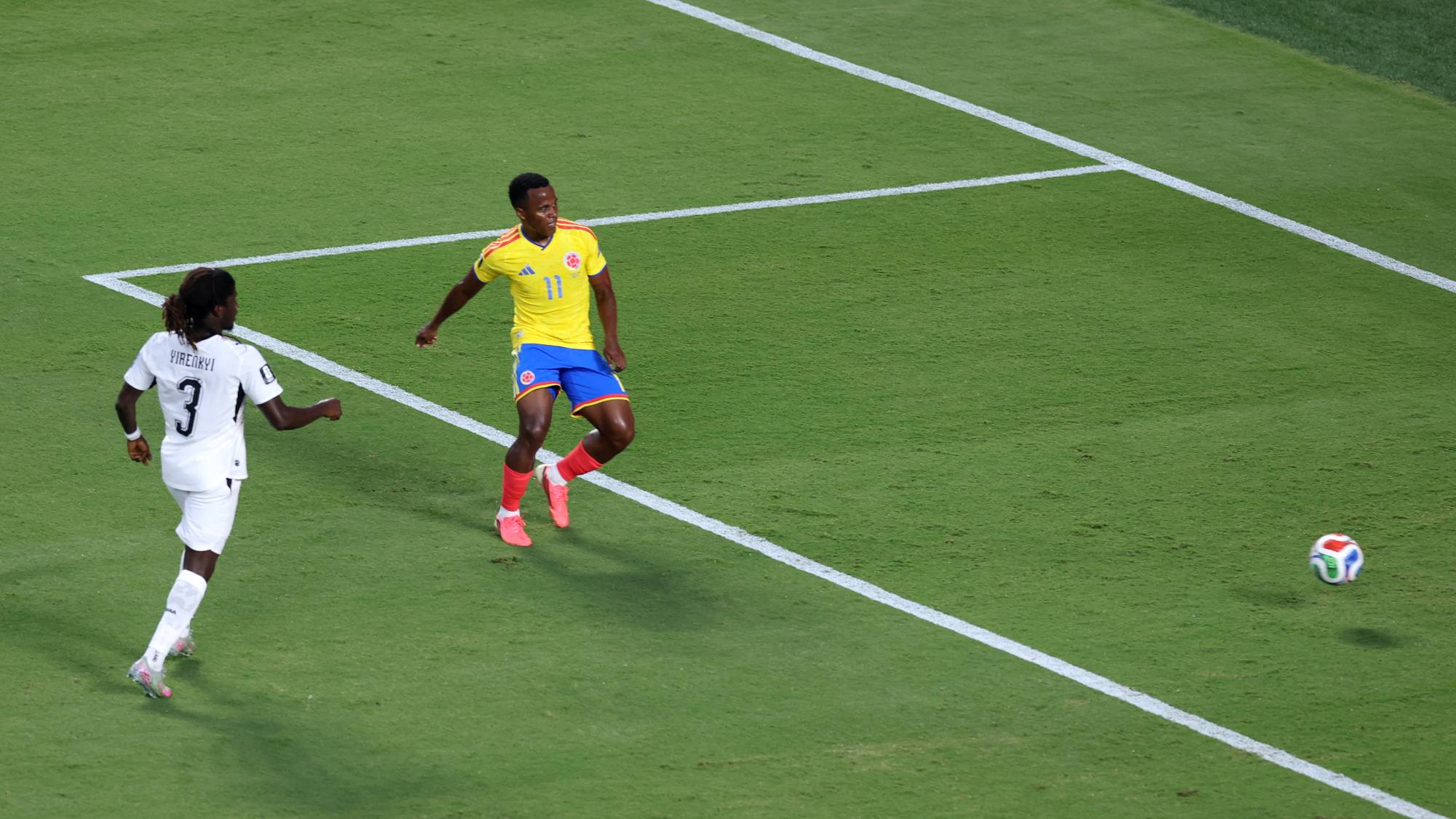 KANSAS CITY, MISSOURI - JULY 03: Jhon Arias #11 of Colombia scores his team's first goal during the FIFA World Cup 2026 Round of 32 match between Colombia and Ghana at Kansas City Stadium on July 03, 2026 in Kansas City, Missouri. Carl Recine/Getty Images/AFP