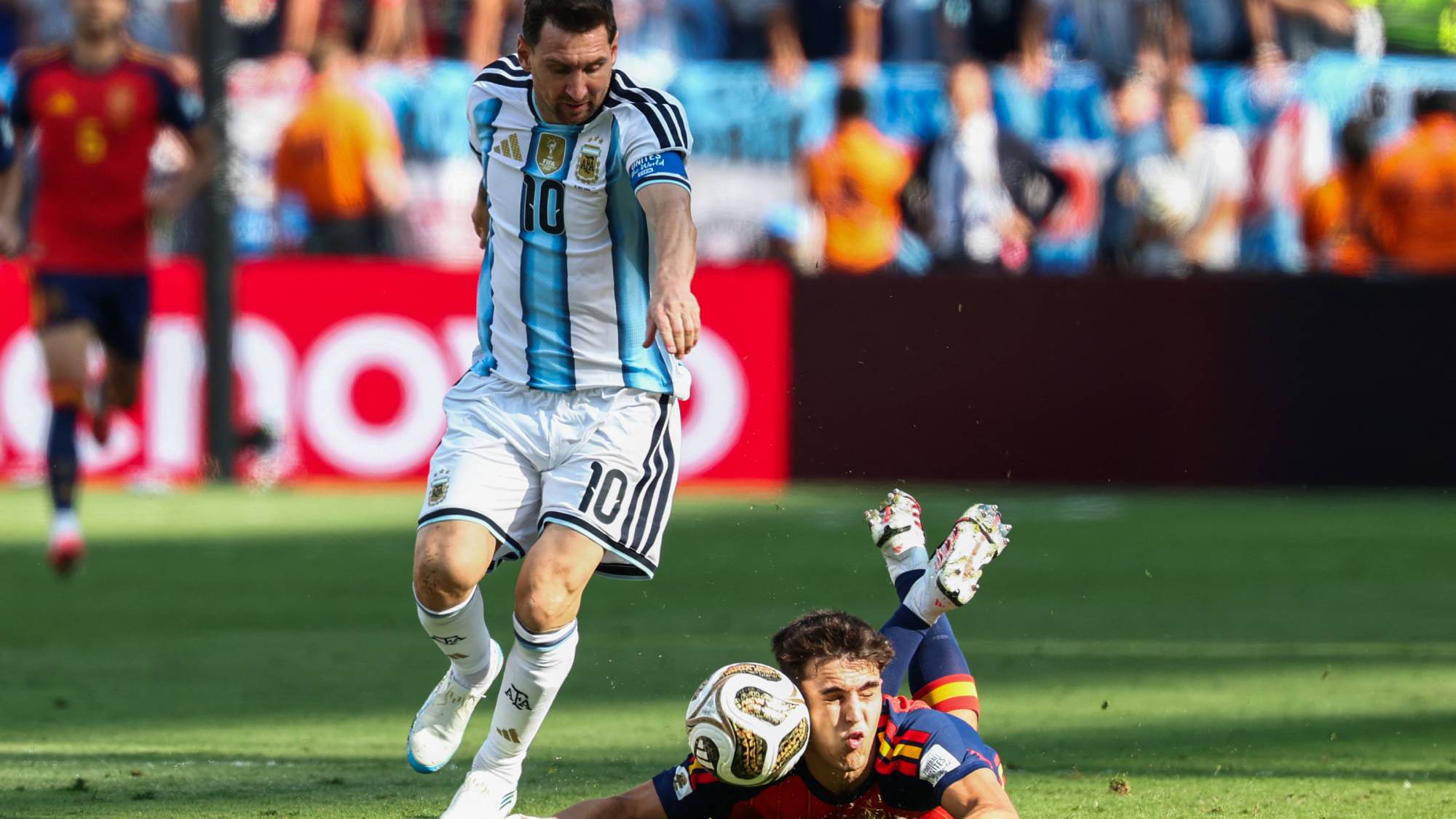 Argentina's forward #10 Lionel Messi fouls Spain's defender #22 Pau Cubarsi during the 2026 World Cup football tournament final match between Spain and Argentina at the New York/New Jersey Stadium in East Rutherford on July 19, 2026.