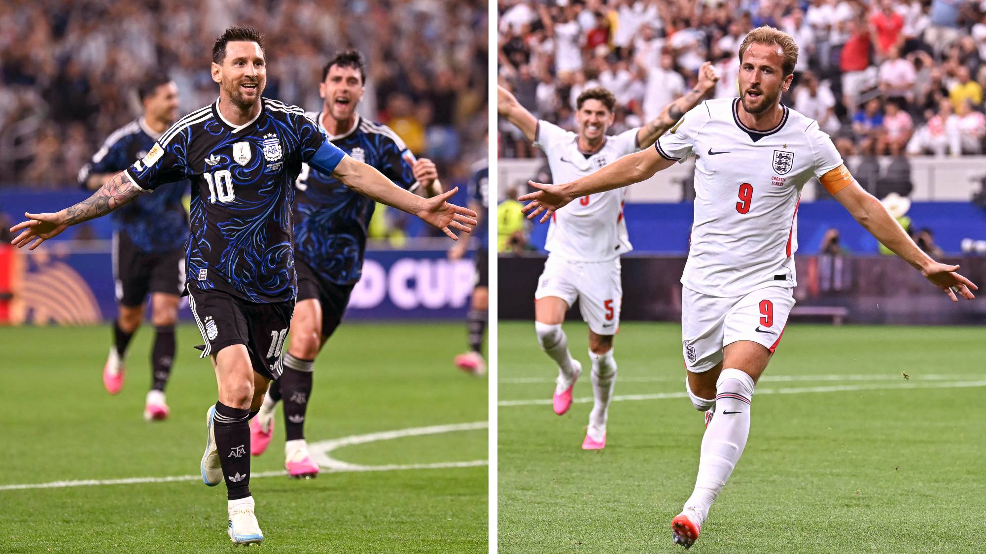 This combination of file photos created on July 12, 2026, shows Argentina's forward #10 Lionel Messi in Arlington on June 27, 2026 (L),ja and England's forward #09 Harry Kane in Arlington on June 17, 2026. England and Argentina will meet in a 2026 World Cup semi-final football match at the Atlanta Stadium in Atlanta on July 15, 2026.