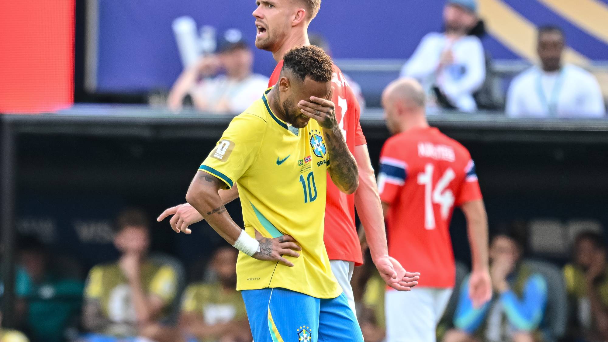 East Rutherford, United States - July 5: Neymar of Brazil gestures looks dejected during the FIFA World Cup 2026 Round of 16 match between Brazil and Norway at New York New Jersey Stadium on July 5, 2026 in East Rutherford, United States. (Photo by Harry Langer/DeFodi Images/DeFodi via Getty Images)