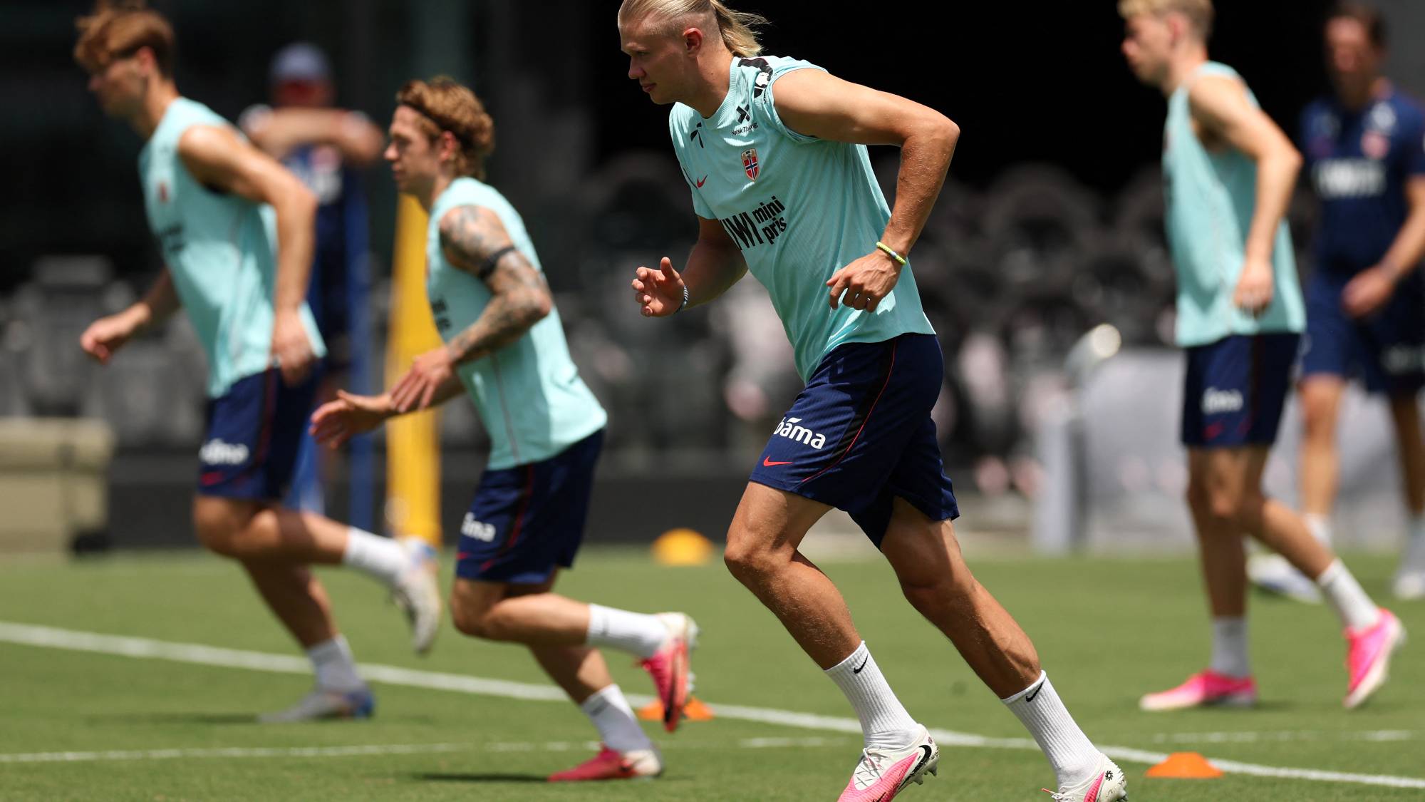 Norway's forward #09 Erling Braut Haaland takes part in a training session at the Inter Miami CF Training Facility in Fort Lauderdale on July 9, 2026, during the 2026 World Cup football tournament.