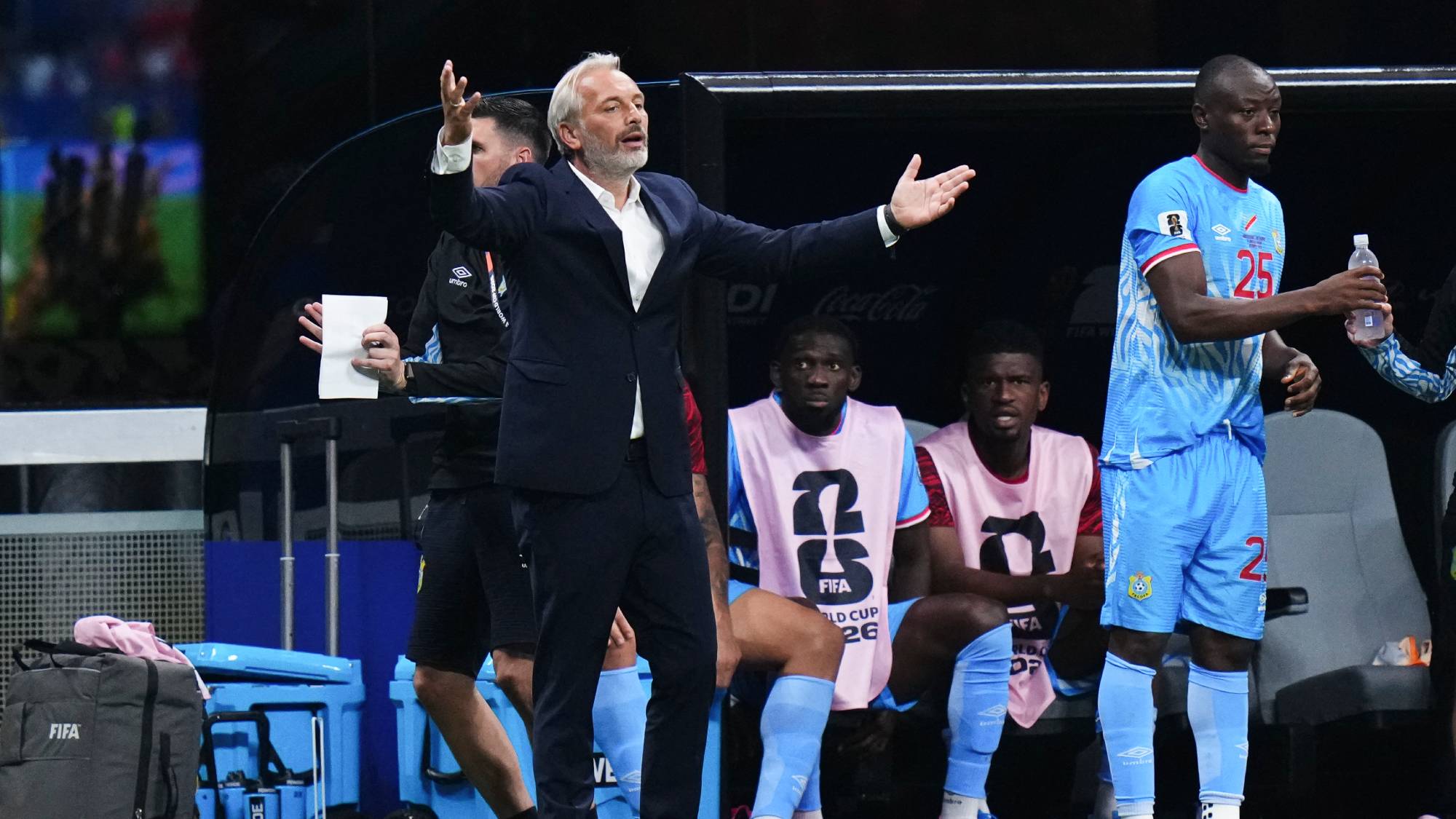 Sebastien Desabre, head coach of Congo, protests during the FIFA World Cup 2026 Round Of 32 match between England and Congo DR at Atlanta Stadium on July 1, 2026 in Atlanta, United States. (Photo by Jose Breton/Pics Action/NurPhoto)