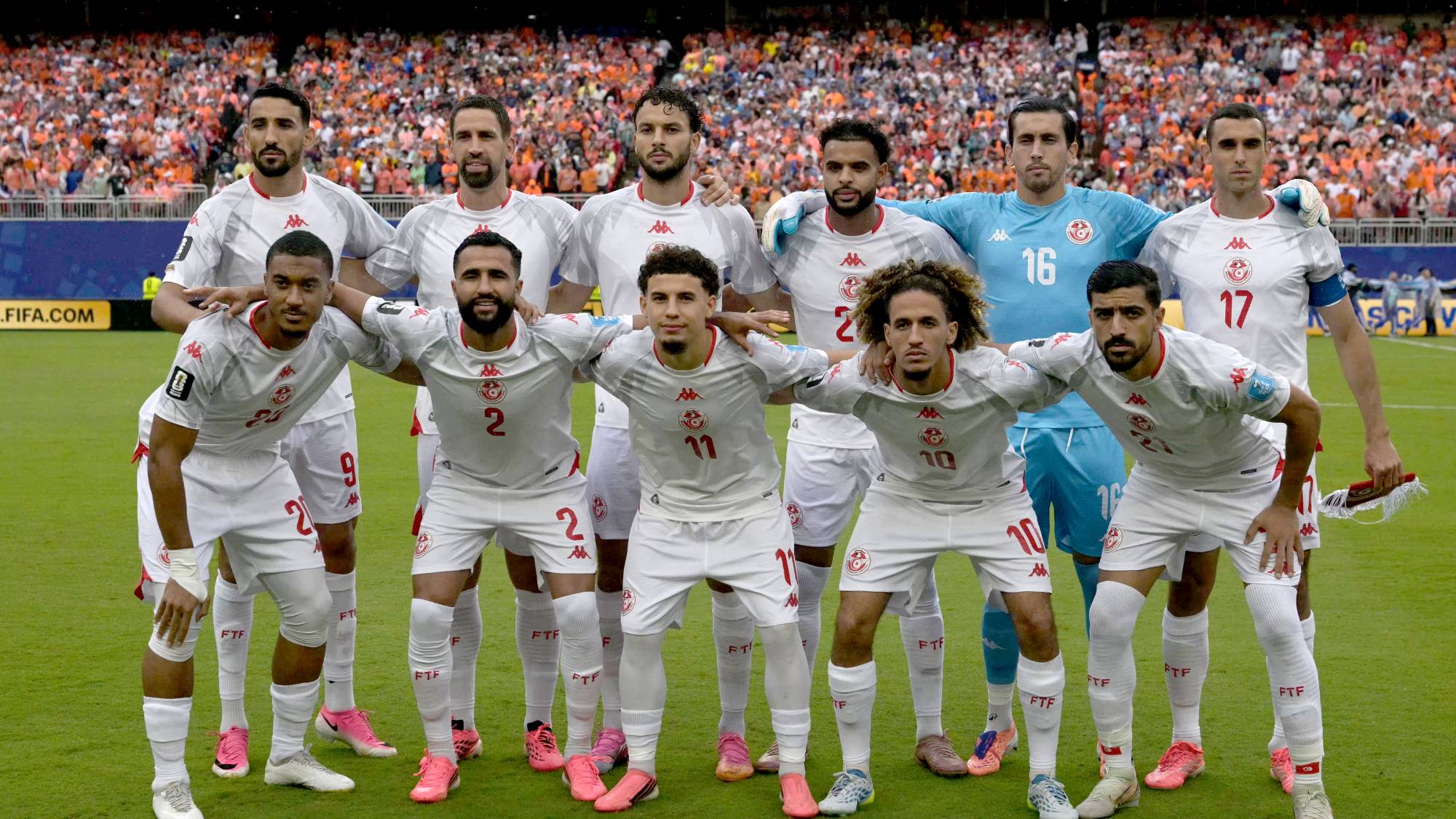Tunisia's players pose for a team photo during the 2026 World Cup Group F football match between Tunisia and the Netherlands at the Kansas City Stadium in Kansas City on June 25, 2026.