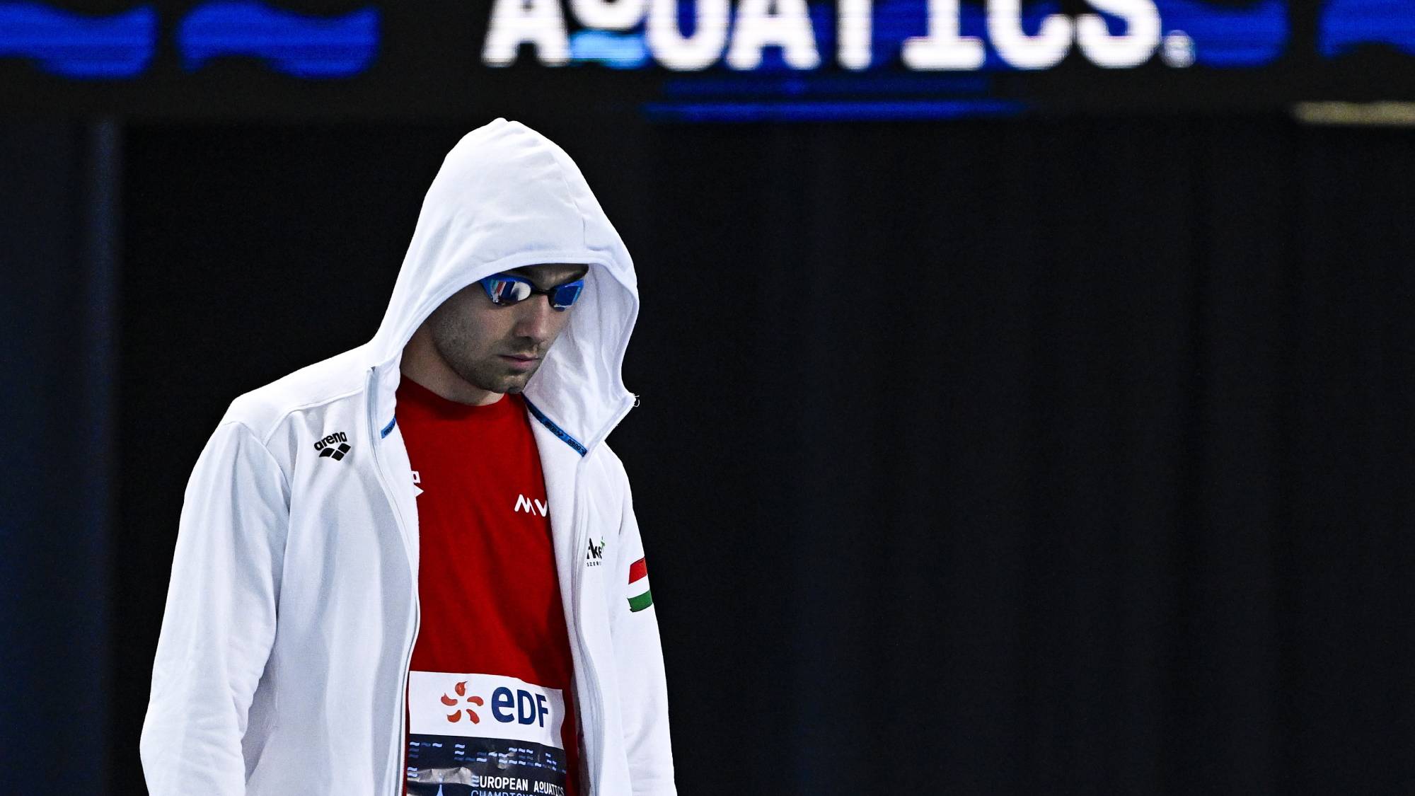 Milák Kristóf a férfi 50 méteres gyorsúszás döntője előtt a párizsi vizes Európa-bajnokságon az olimpiai vizesközpontban 2026. augusztus 16-án.