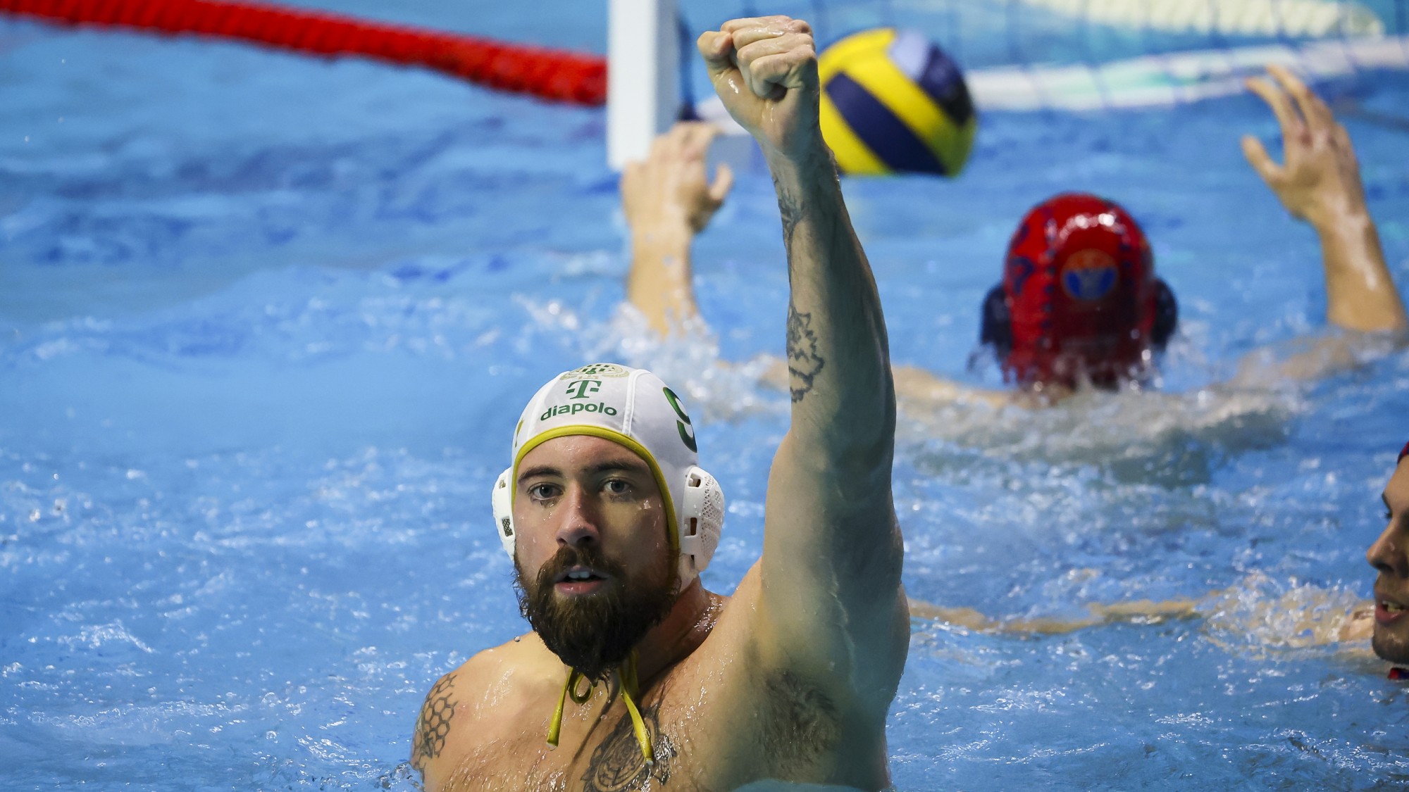 Német Toni ,az FTC-Telekom Waterpolo játékosa játékosa az E.ON férfi vízilabda OB I döntőjében játszott FTC-Telekom Waterpolo - Vasas Plaket első mérkőzésén a Komjádi uszodában 2025. május 7-én.