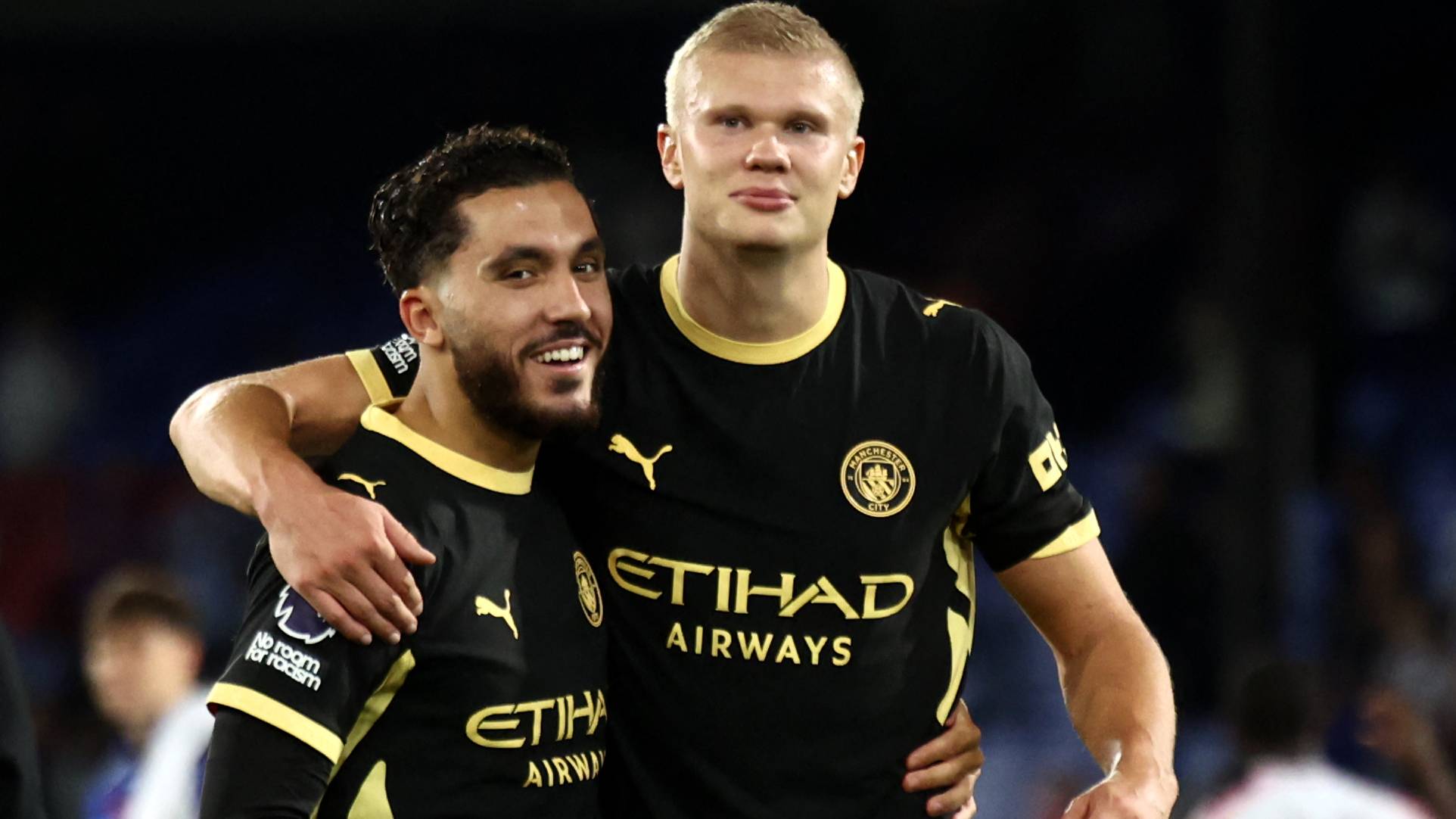Manchester City's French midfielder #10 Rayan Cherki and Manchester City's Norwegian striker #09 Erling Haaland celebrate after the English Premier League football match between Crystal Palace and Manchester City at Selhurst Park in south London on August 28, 2026.