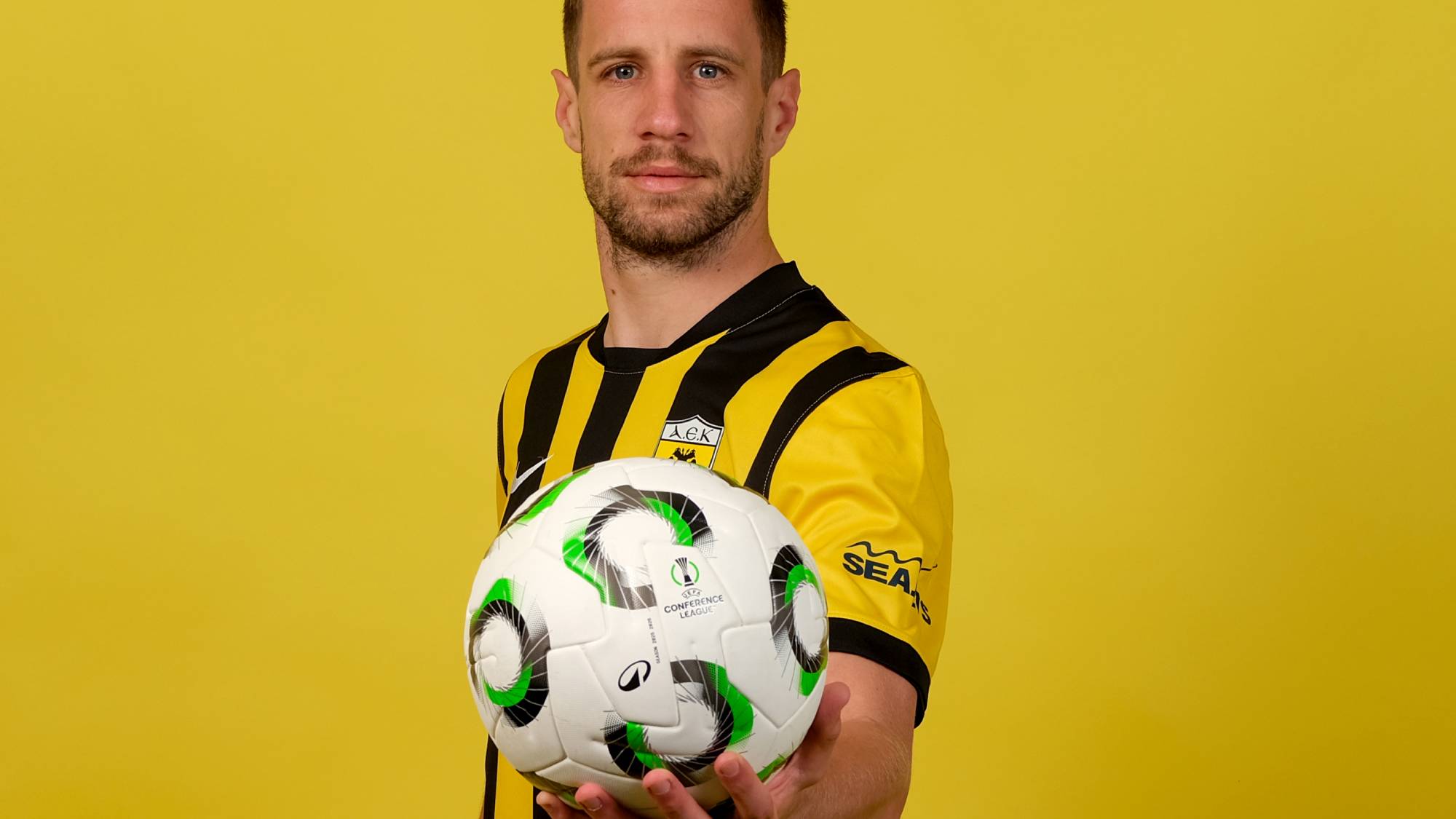 ATHENS, GREECE - APRIL 13: Barnabas Varga of AEK FC poses for a portrait during the official UEFA Conference League 2025/26 portrait session on April 13, 2026 in Athens, Greece. (Photo by Milos Bicanski - UEFA/UEFA via Getty Images)