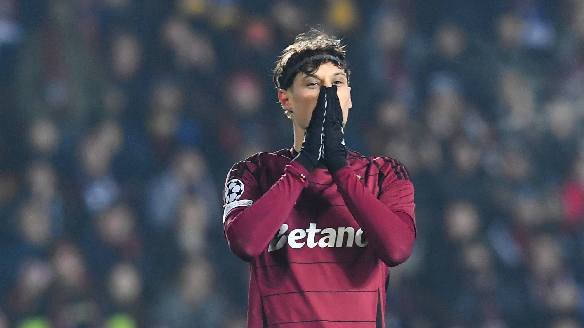 Sparta Praha's Serbian forward #14 Veljko Birmancevic reacts during the UEFA Champions League football match between Sparta Prague and Inter Milan in Prague, Czech Republic, on January 22, 2025.