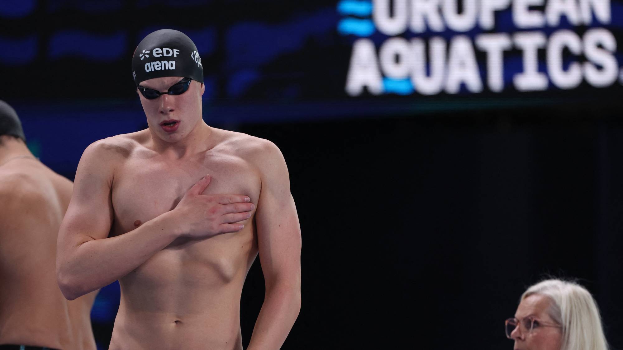 Belgian swimmer Vincent Van Hooydonck pictured before the heats of the men's 50m Freestyle on the sixth day of the European Aquatics Championships in Paris, France on Saturday 15 August 2026. BELGA PHOTO VIRGINIE LEFOUR VIRGINIE LEFOUR / BELGA MAG / Belga via AFP
