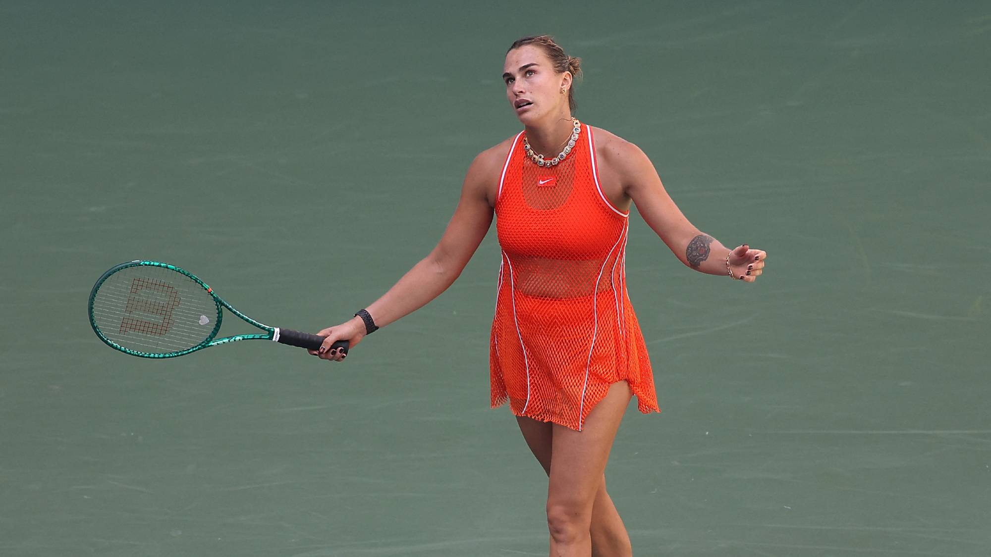 NEW YORK, NEW YORK - SEPTEMBER 08: Aryna Sabalenka reacts against Linda Noskova of Czechia during their Women's Singles Quarterfinal match on Day Ten of the 2026 US Open at USTA Billie Jean King National Tennis Center on September 08, 2026 in the Flushing neighborhood of the Queens borough of New York City. Sarah Stier/Getty Images/AFP