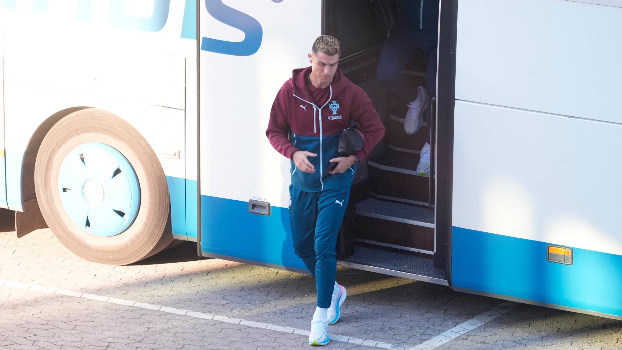 Portugal's forward #07 Cristiano Ronaldo arrives for a training session at Parken stadium in Copenhagen, Denmark, on September 30, 2026, on the eve of their Nations League Group A4 match against Denmark.
