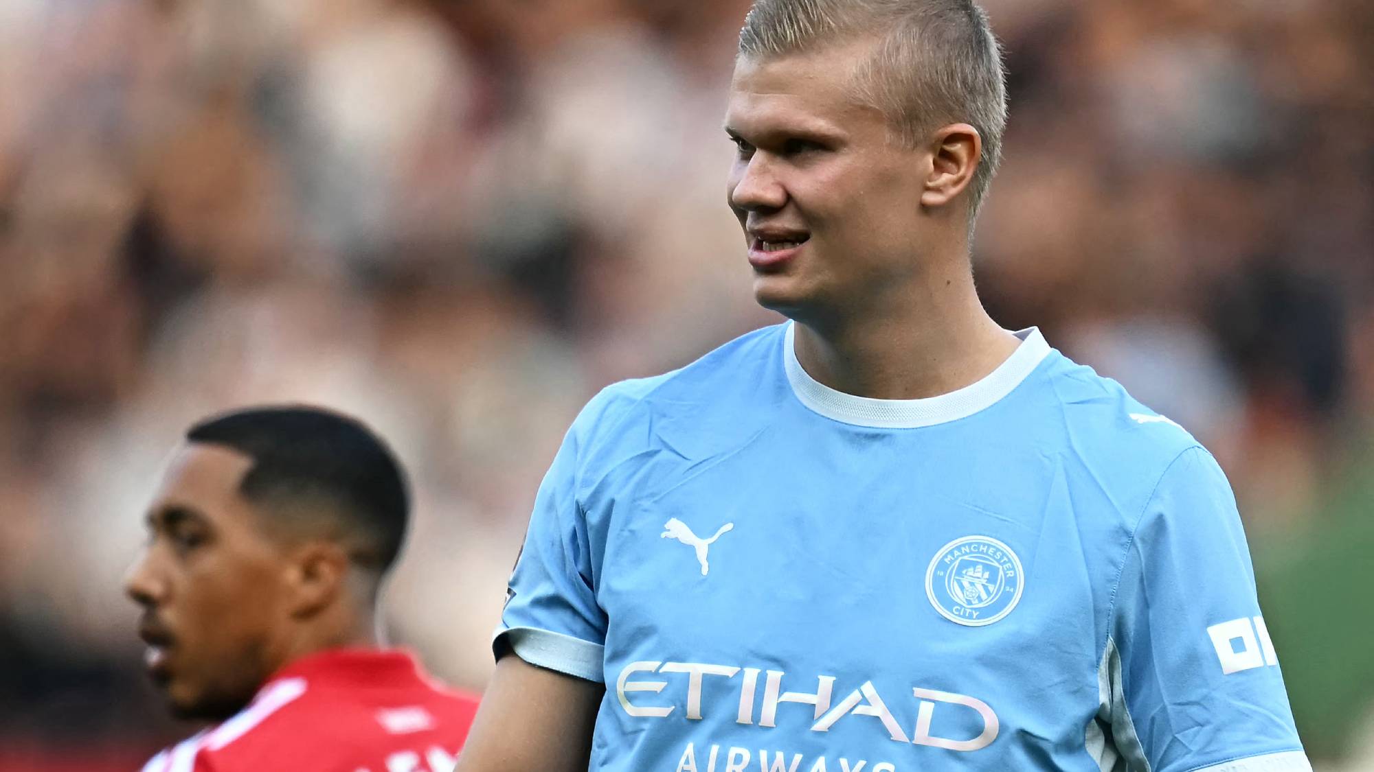 Manchester City's Norwegian striker #09 Erling Haaland looks on during the English Premier League football match between Manchester United and Manchester City at Old Trafford in Manchester, north west England, on September 13, 2026.
