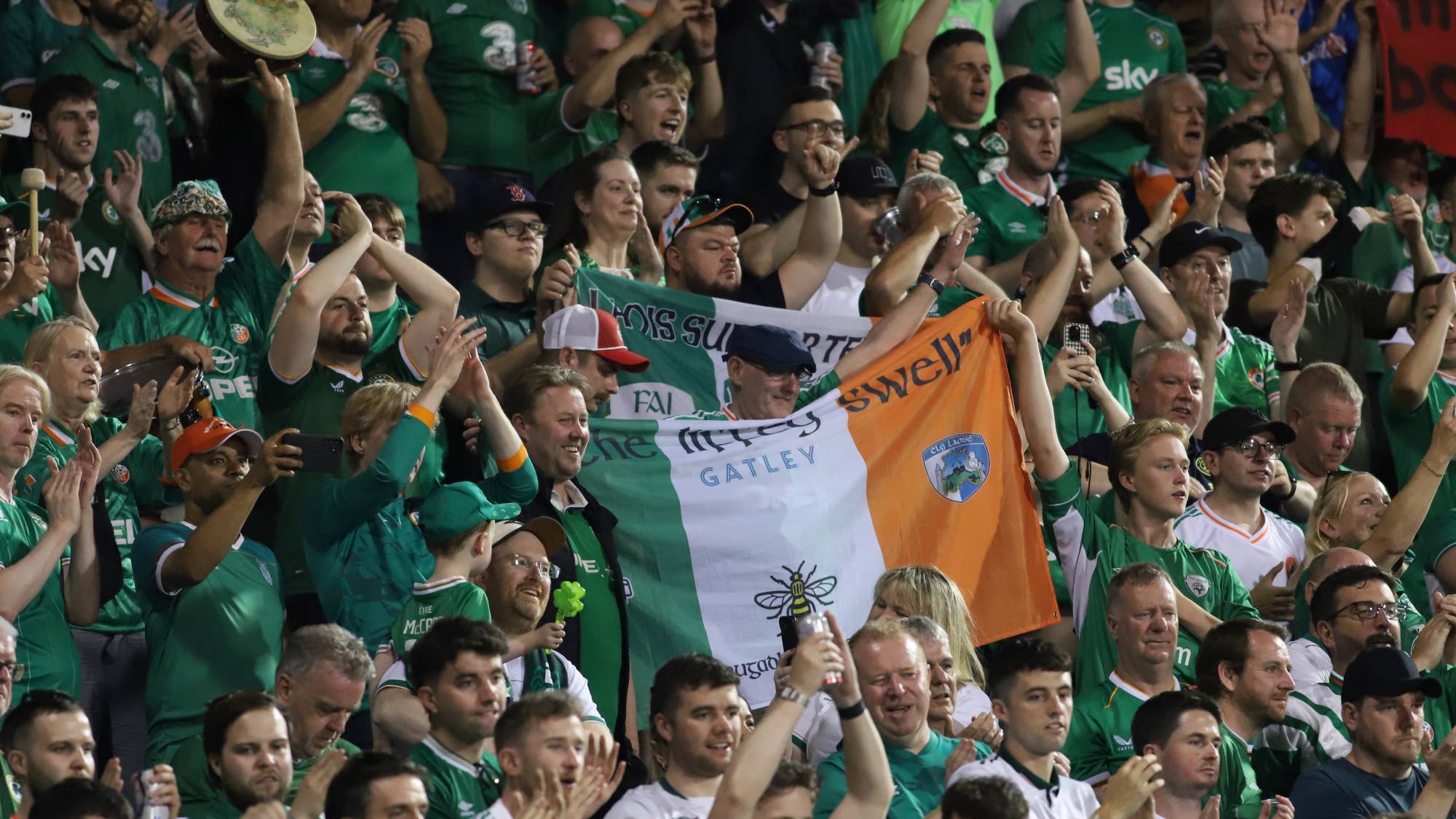 Irish fans support their team during the international football friendly match between Canada and Ireland ahead of the 2026 FIFA World Cup tournament at Saputo Stadium in Montreal, Canada, on June 5, 2026. (Photo by Horacio Zamora/Eyepix Group/NurPhoto)