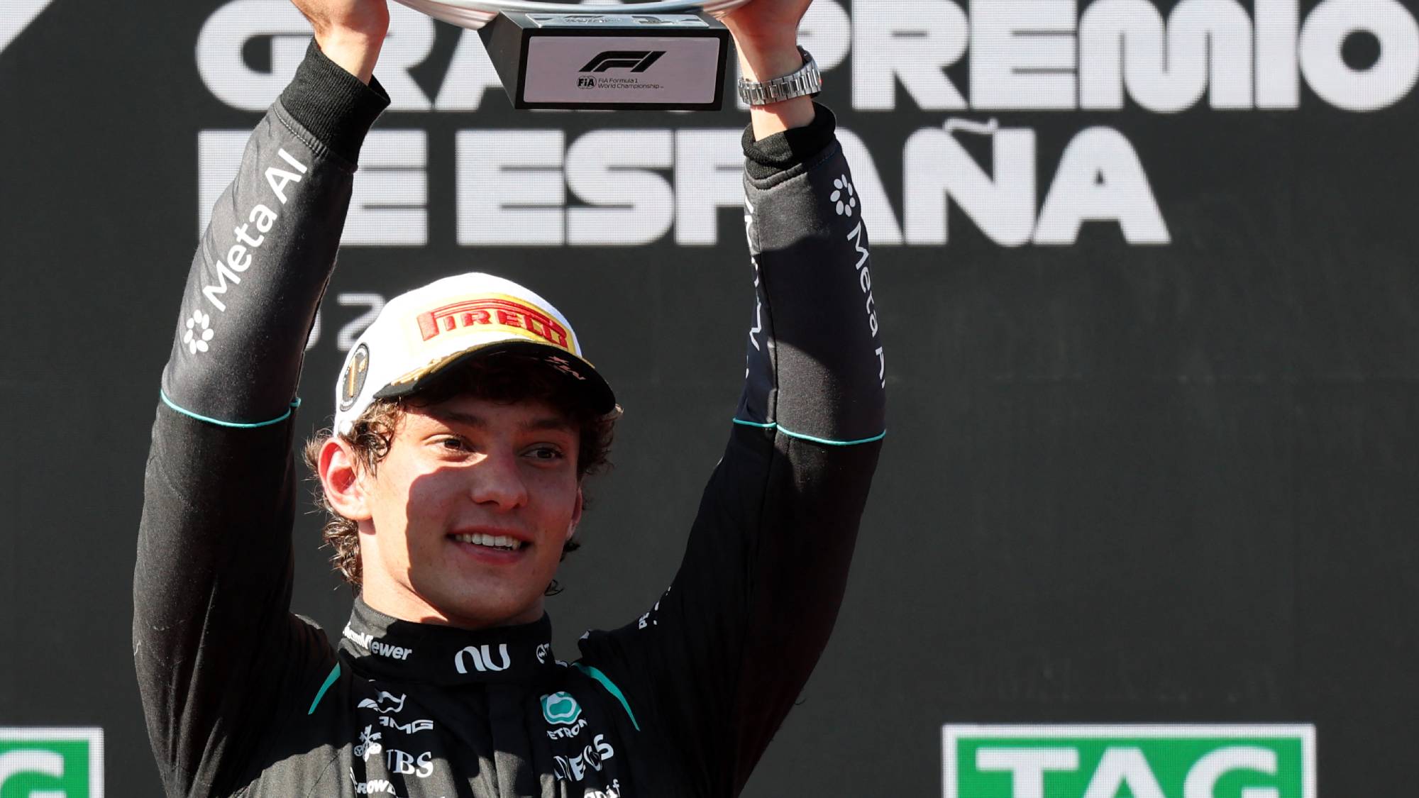 Mercedes' Italian driver Kimi Antonelli celebrates on the podium after the Spanish Formula One Grand Prix at the Madring circuit on September 13, 2026 in Madrid.