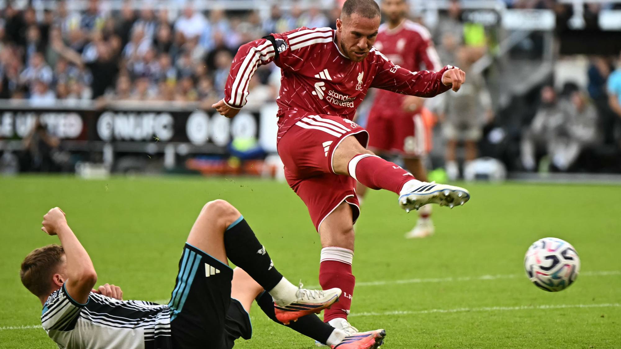 Liverpool's Argentinian midfielder #10 Alexis Mac Allister shoots but fails to score during the English Premier League football match between Newcastle United and Liverpool at St James' Park in Newcastle-upon-Tyne, north east England on August 23, 2026.