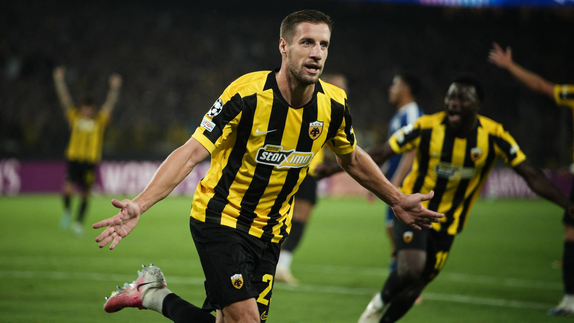 Barnabás Varga celebrates during the UEFA Champions League qualifying playoff - second leg football match between AEK Athens (AEK) and PFC Levski Sofia at the OPAP Arena in Athens, Greece, on August 26, 2026